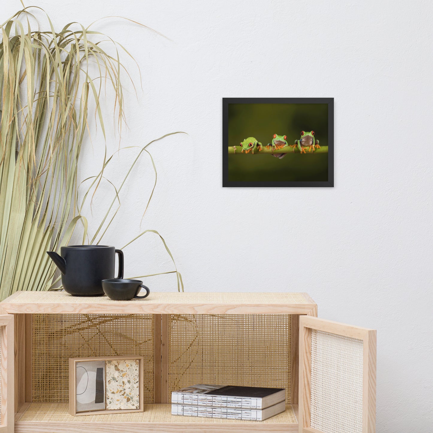 Three Tiny Green Red Eyed Tree Frog on Bamboo Animal Wildlife Photograph Framed Wall Art Prints