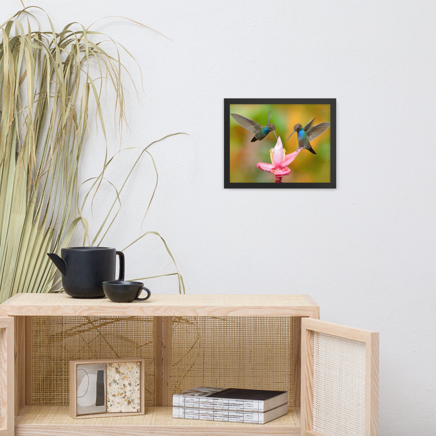 Hummingbirds with Pink Flower Bloom Animal Wildlife Photograph Framed Wall Art Print