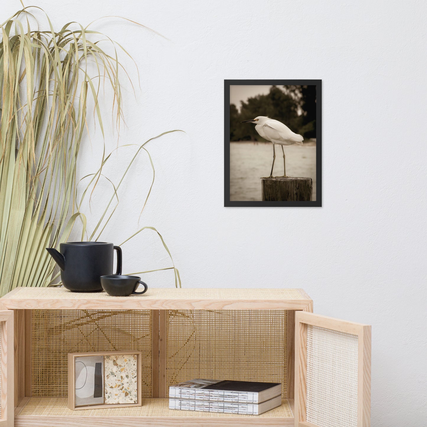 Dental Clinic Wall Decor: White Snowy Egret Sepia Coastal Bird / Animal / Wildlife / Nature Photographic Artwork - Framed Artwork - Wall Decor