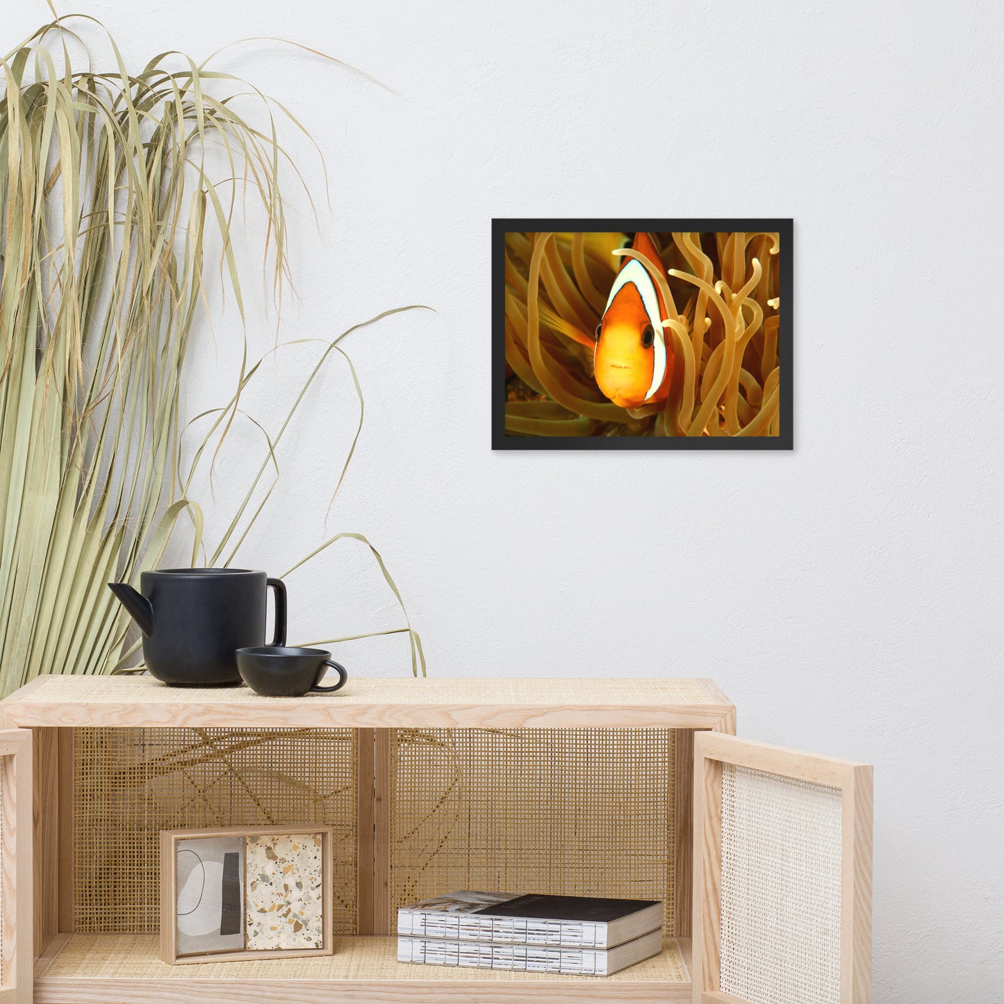 Close-up Orange Tropical Clownfish Face in Coral Animal Wildlife Photograph Framed Wall Art Print