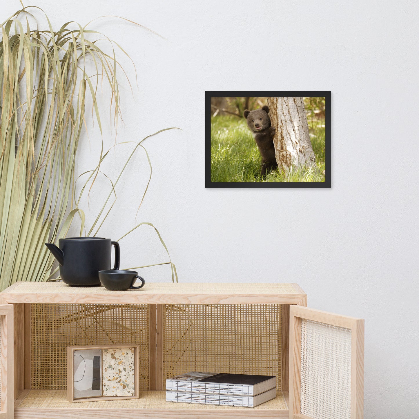 Cute Baby Grizzly Bear Cub Behind Tree in Meadow Animal Wildlife Photograph Framed Wall Art Prints