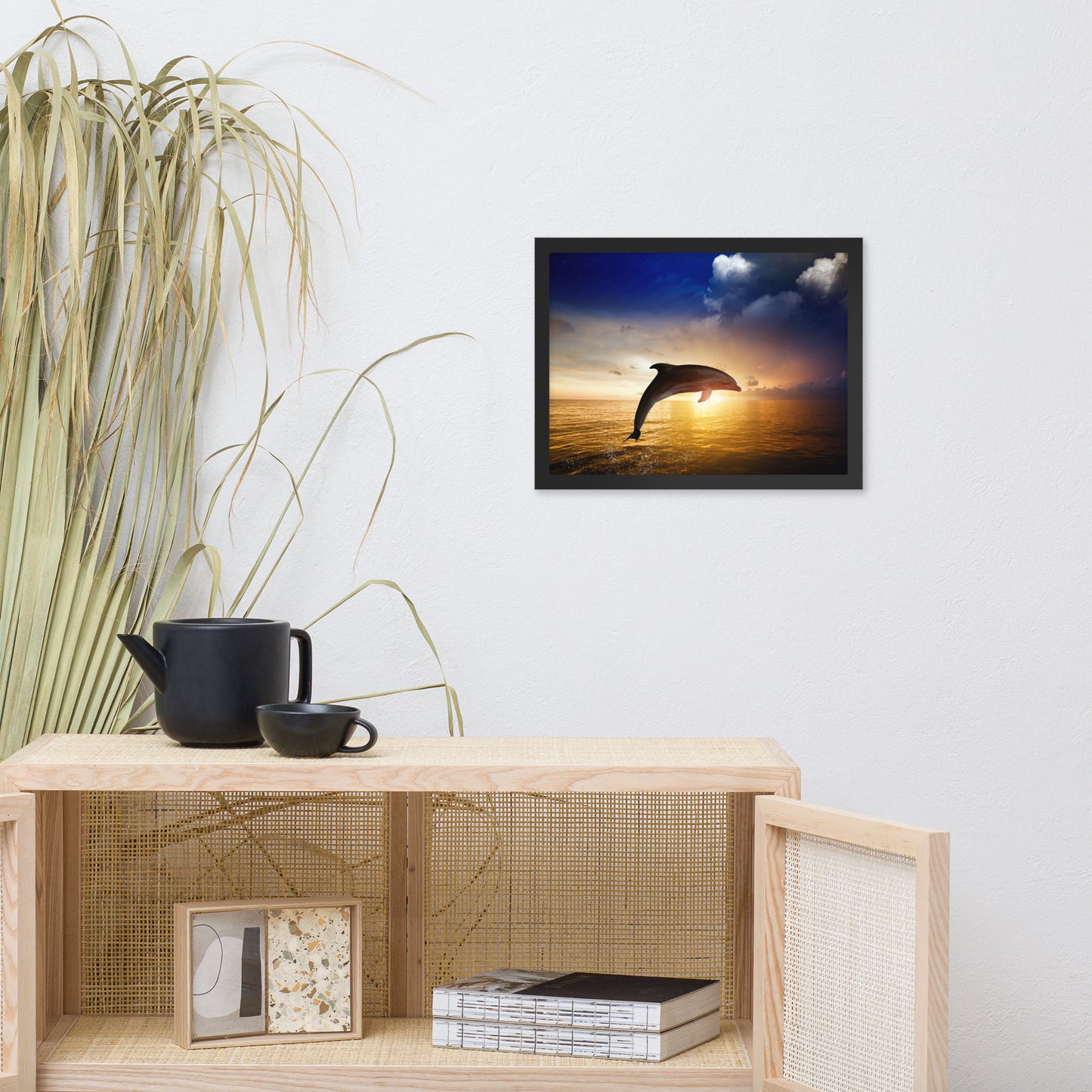 Dramatic Coastal Sunset on the Water with Jumping Bottle Noise Dolphin Animal Wildlife Photograph Framed Wall Art Print