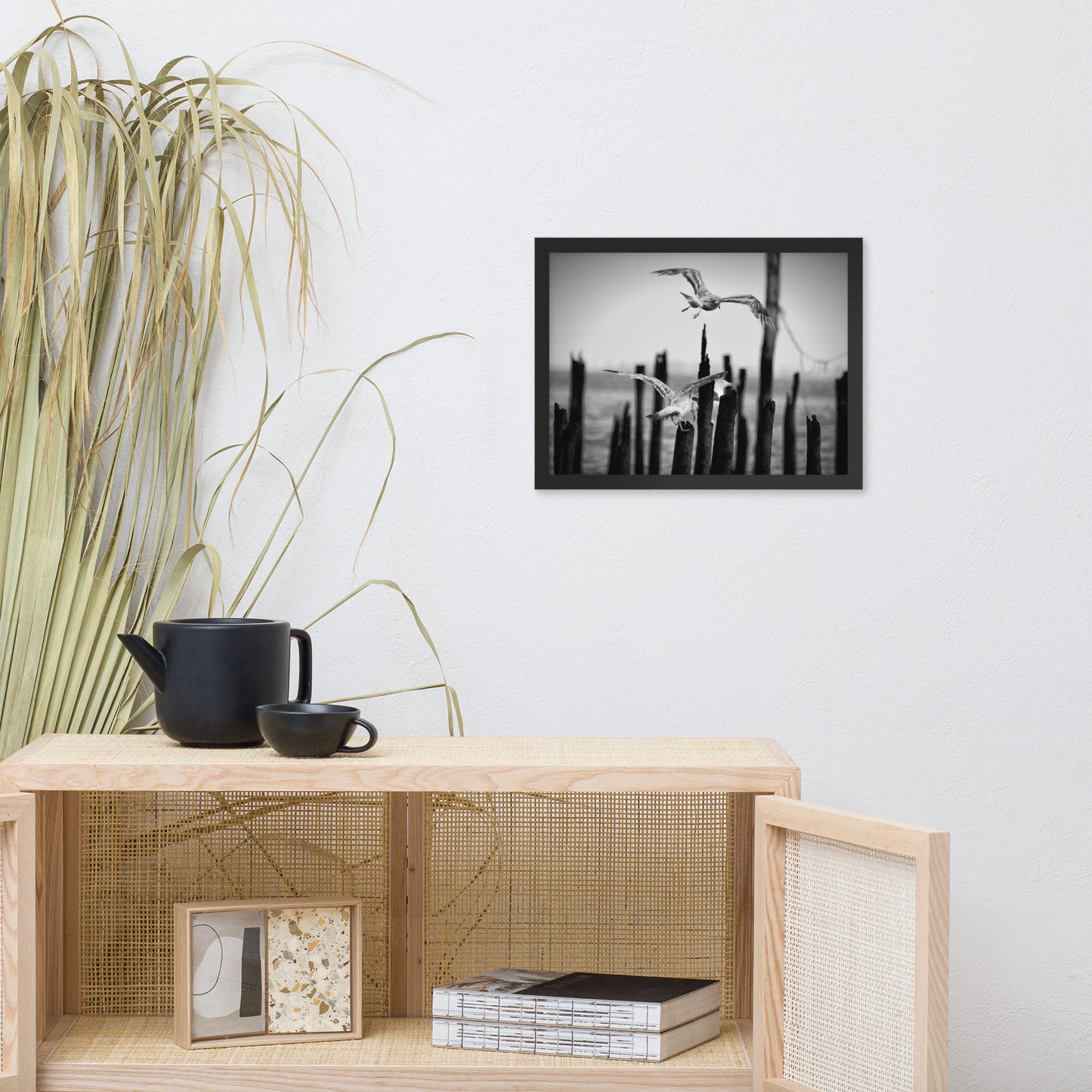 Flying Seagull in Black and White Animal Wildlife Photograph Framed Wall Art Prints