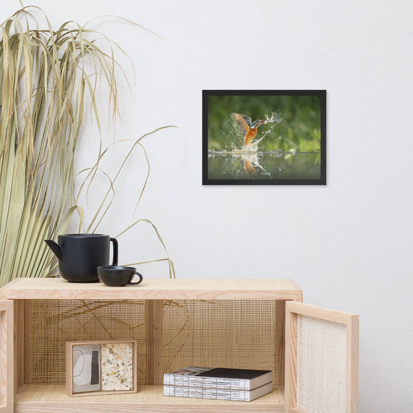 Flying Turquoise Blue and Orange Common Kingfisher Bird With Fish Animal Wildlife Photograph Framed Wall Art Prints