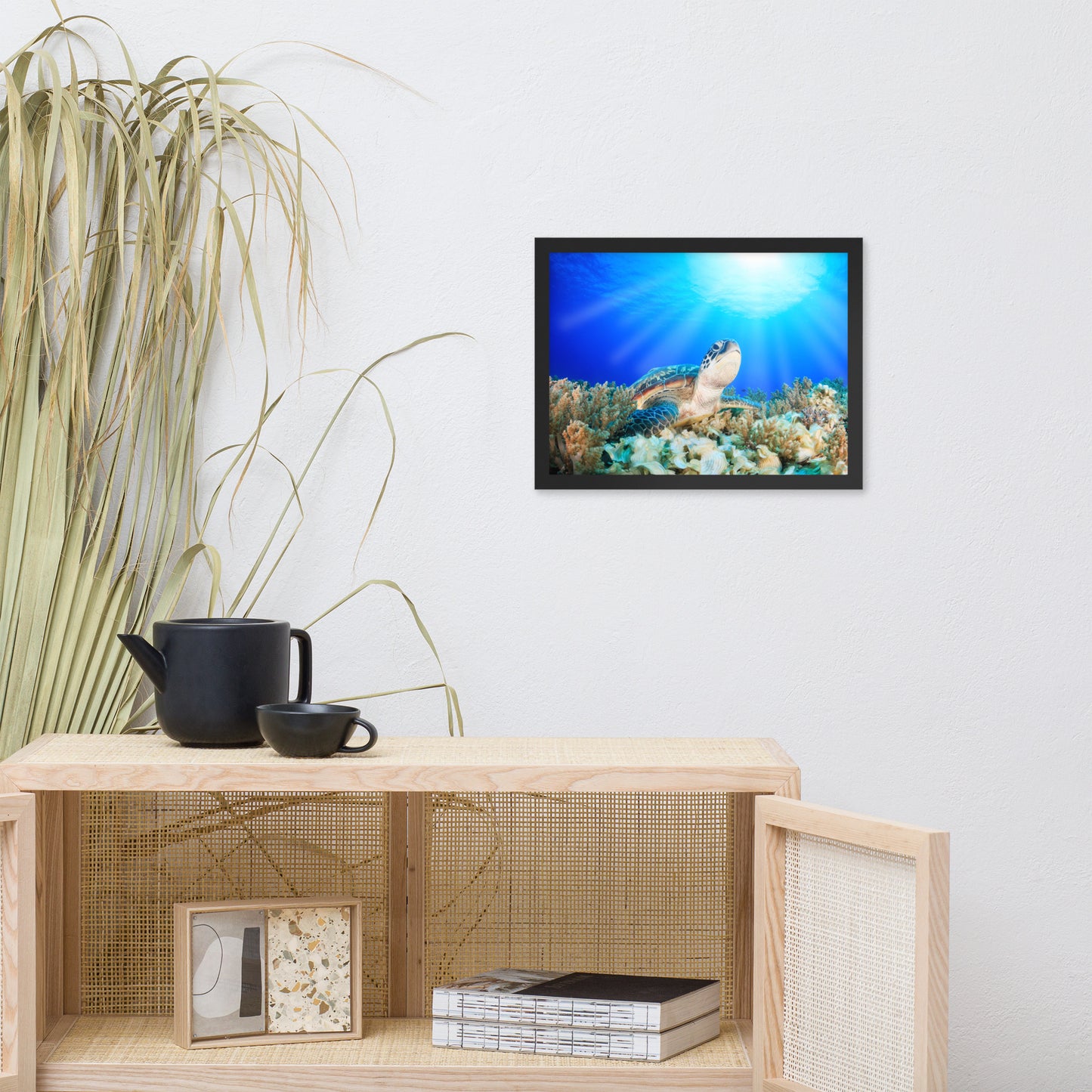 Green Sea Turtle in Tropical Coral Reef and Sunbeams Animal Wildlife Photograph Framed Wall Art Print