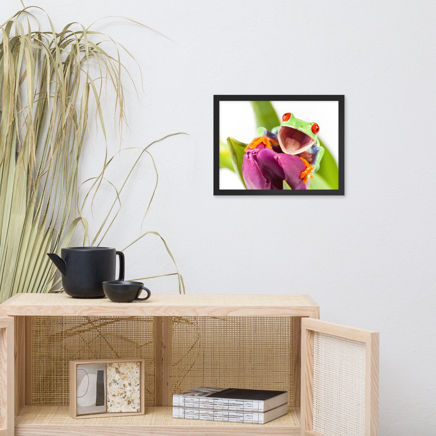 Happy Red Eyed Tree Frog Sitting on Purple Tulip Flower Bloom Wildlife Nature Photo Framed Wall Art Print