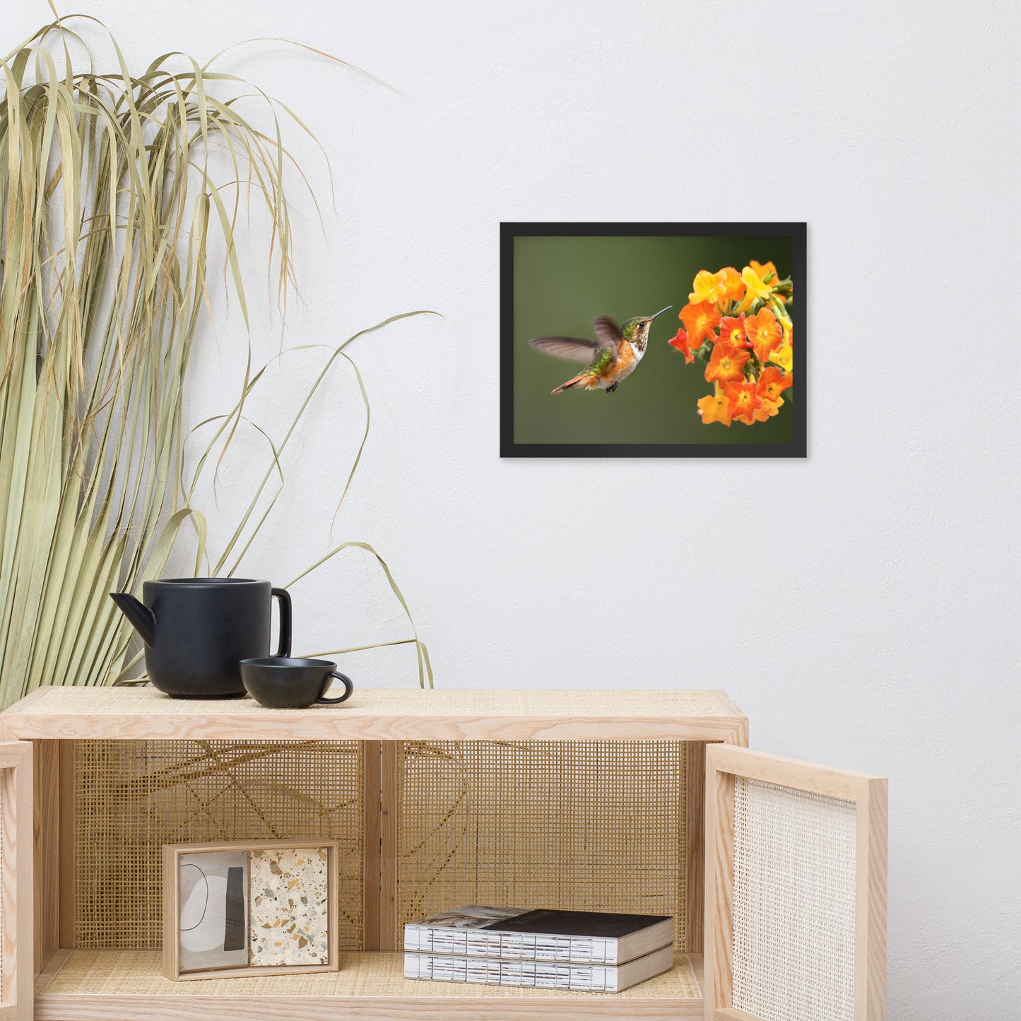 Hummingbird with Little Yellow-Orange Flowers Animal Wildlife Photograph Framed Wall Art Prints