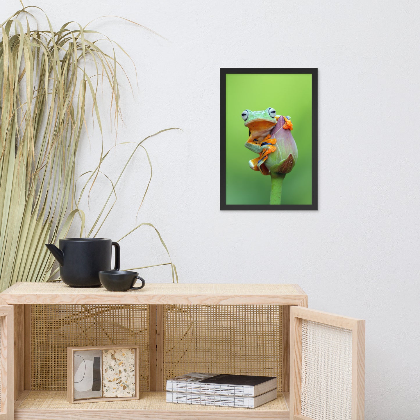 Tiny Green Tree Frog on Lotus Bloom Animal Wildlife Floral Nature Photograph Framed Wall Art Prints