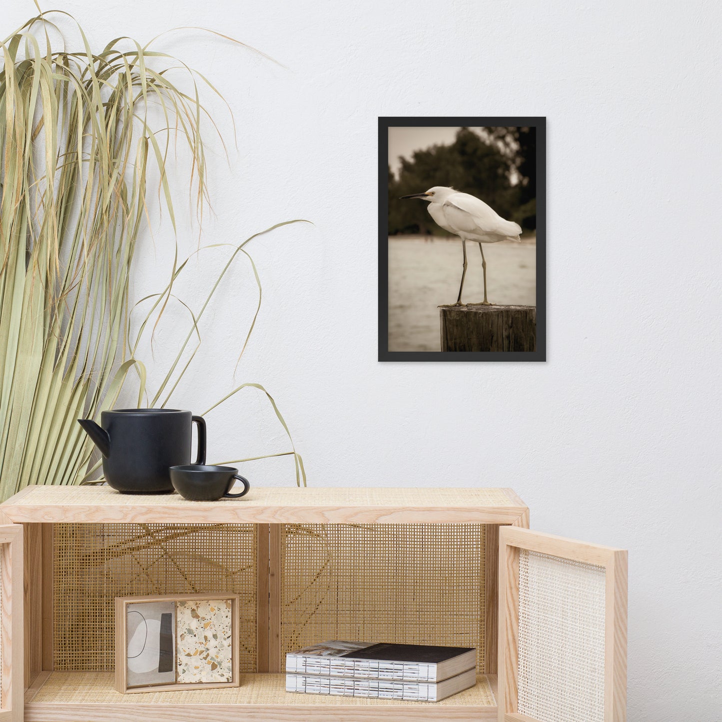 Dental Office Artwork: White Snowy Egret Sepia Coastal Bird / Animal / Wildlife / Nature Photographic Artwork - Framed Artwork - Wall Decor