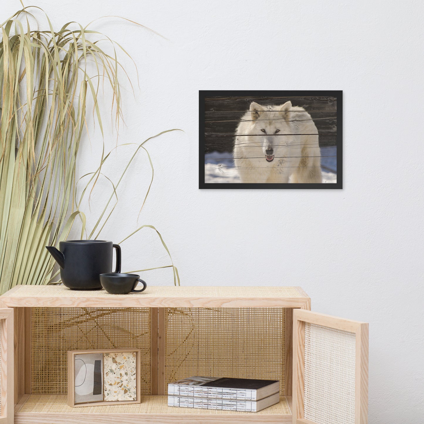 Dining Room Wall Art Modern: White Wolf Portrait on Faux Weathered Wood Texture - Animal / Wildlife / Nature Photographic Framed Artwork - Wall Decor