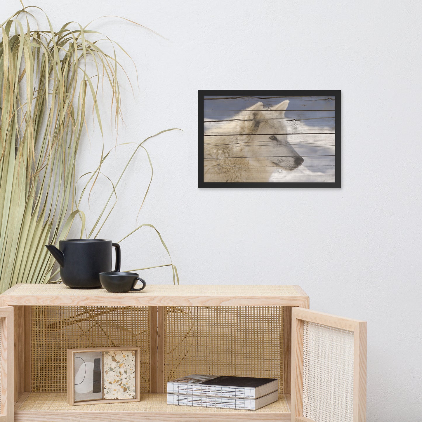 Abstract Artwork For Office: Aries the White Wolf Portrait on Faux Weathered Wood Texture / Animal / Wildlife / Nature Photographic Artwork - Framed Artwork - Wall Decor