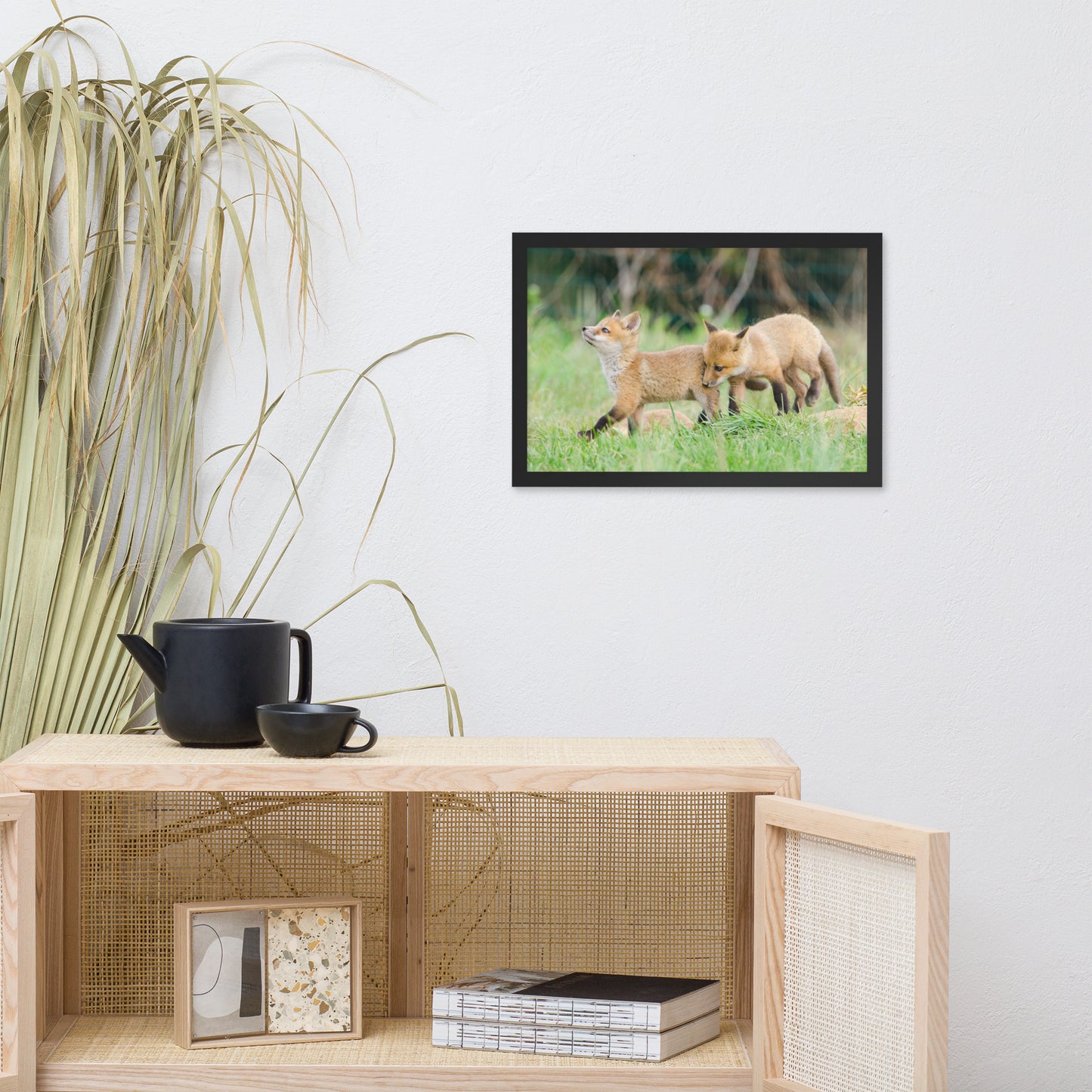 Gender Neutral Wall Decor: Playful Baby Red Fox Pups In Field - Animal / Wildlife / Nature Artwork - Wall Decor - Framed Wall Art Print