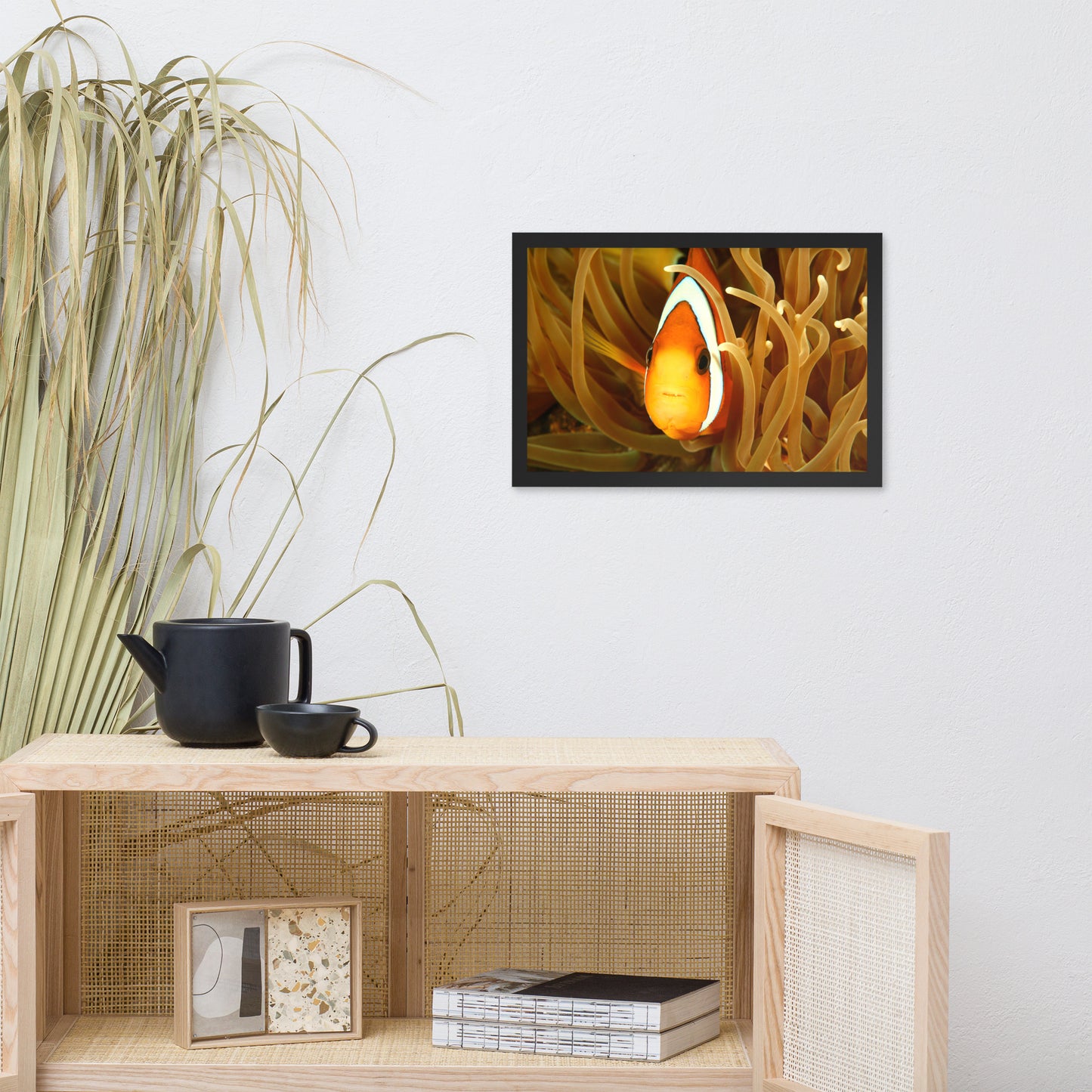 Close-up Orange Tropical Clownfish Face in Coral Animal Wildlife Photograph Framed Wall Art Print