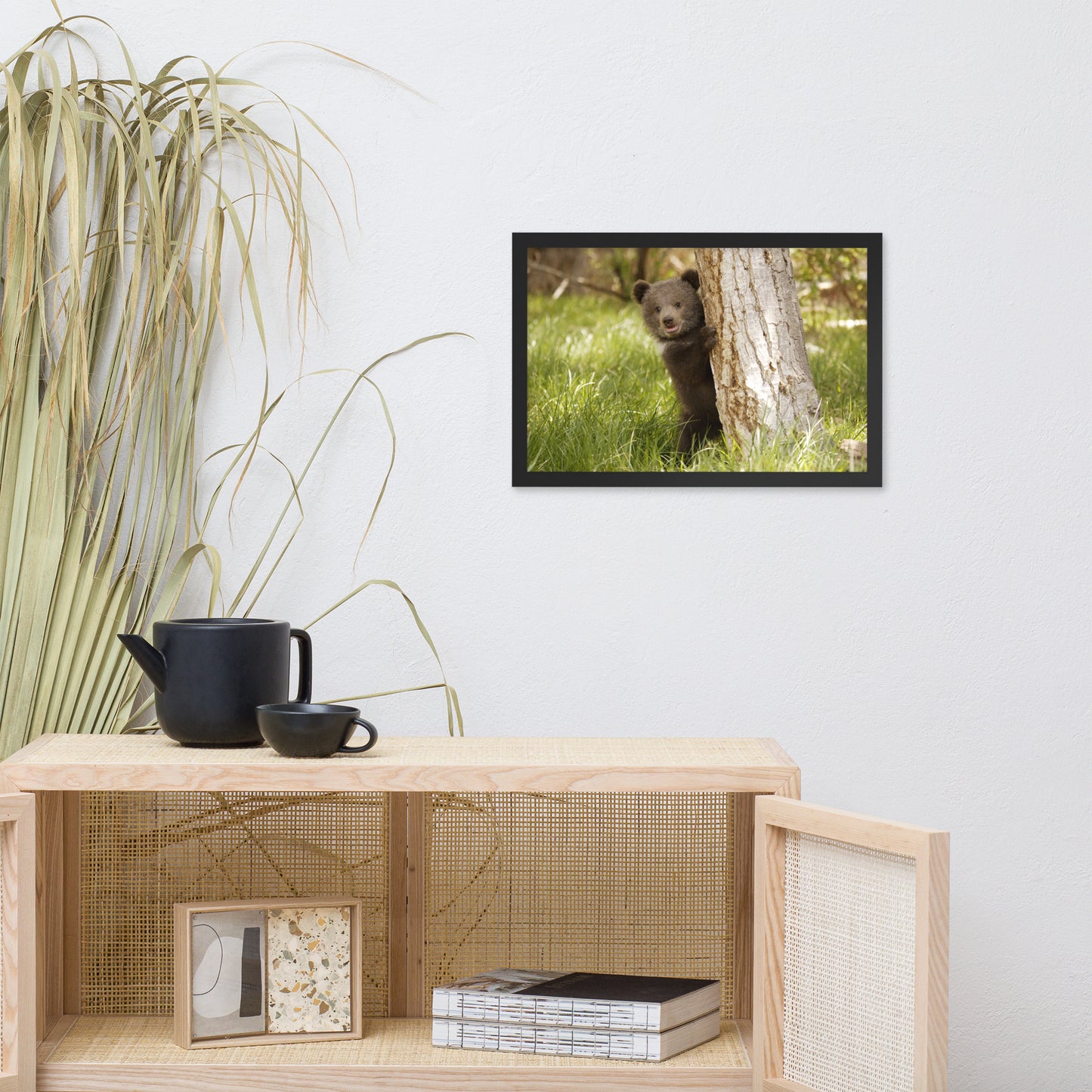 Cute Baby Grizzly Bear Cub Behind Tree in Meadow Animal Wildlife Photograph Framed Wall Art Prints