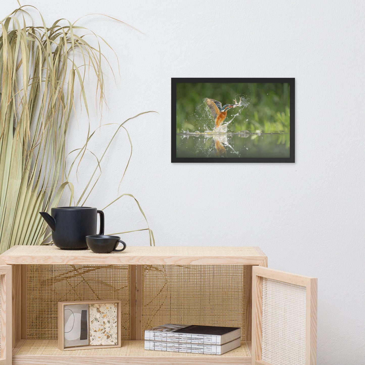 Flying Turquoise Blue and Orange Common Kingfisher Bird With Fish Animal Wildlife Photograph Framed Wall Art Prints