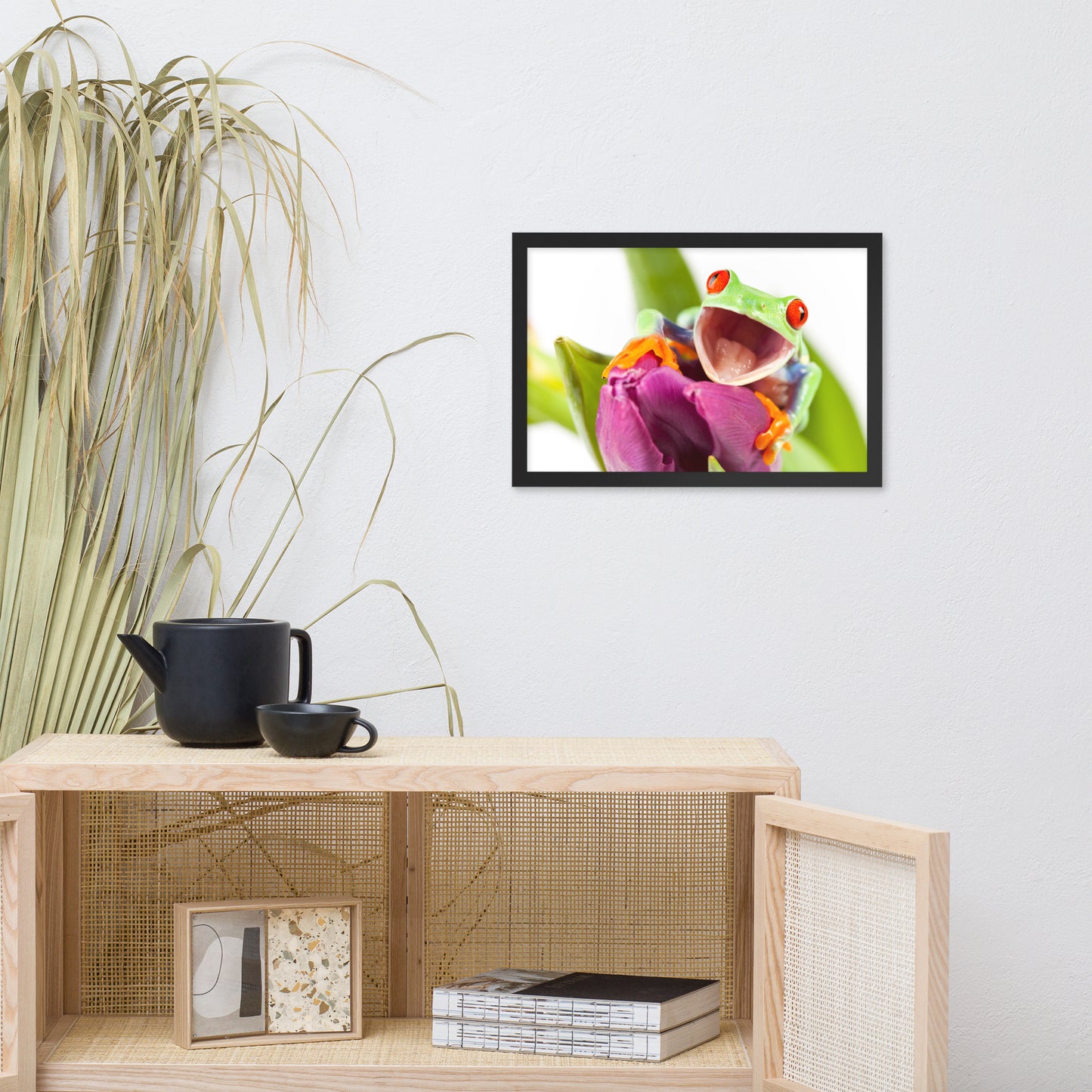 Happy Red Eyed Tree Frog Sitting on Purple Tulip Flower Bloom Wildlife Nature Photo Framed Wall Art Print