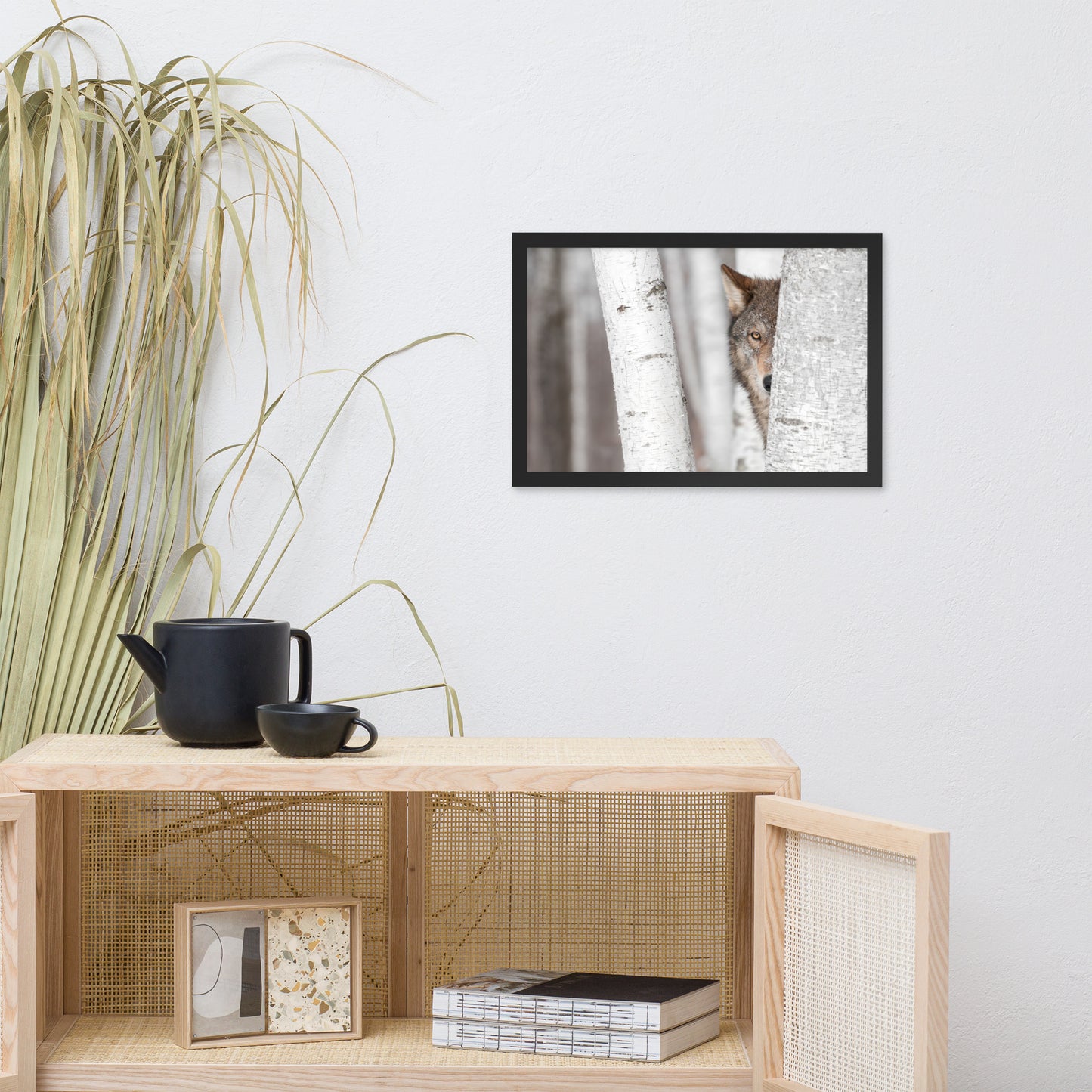 Hiding Wolf Behind Birch Tree in the Forest Animal Wildlife Nature Photograph Framed Wall Art Prints