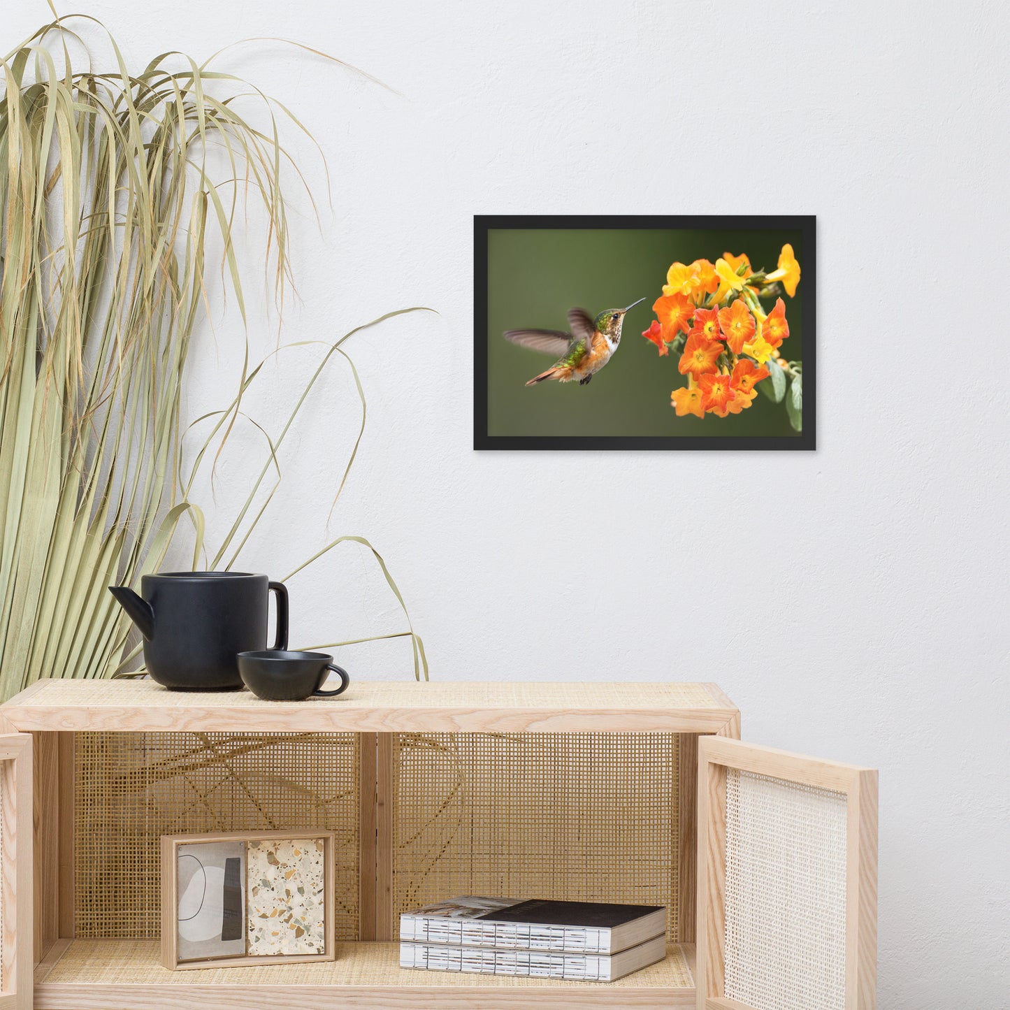 Hummingbird with Little Yellow-Orange Flowers Animal Wildlife Photograph Framed Wall Art Prints