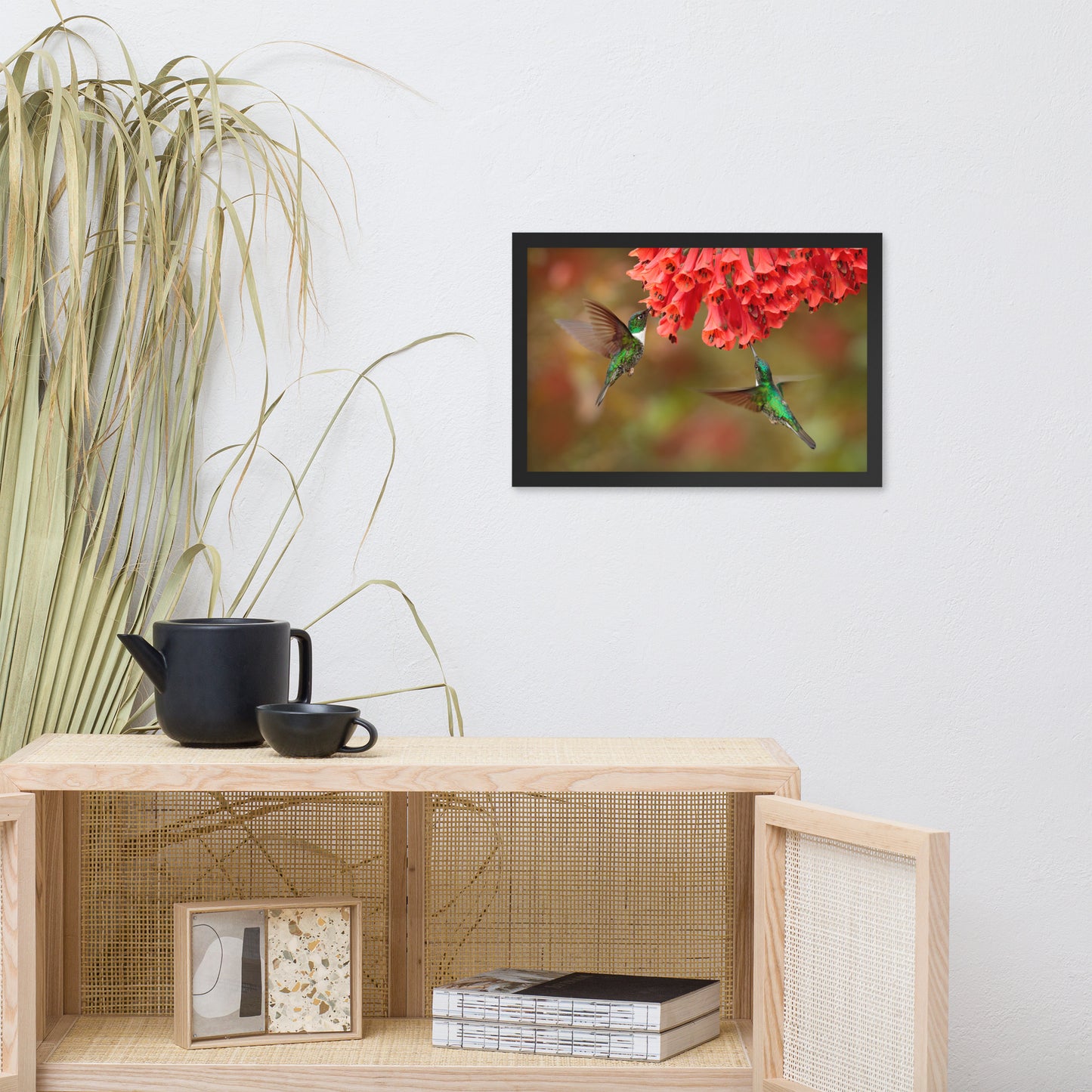 Hummingbirds with Reddish-Orange Flowers Animal Wildlife Photograph Framed Wall Art Prints