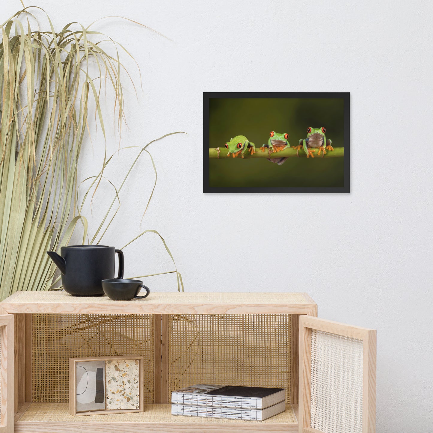Three Tiny Green Red Eyed Tree Frog on Bamboo Animal Wildlife Photograph Framed Wall Art Prints