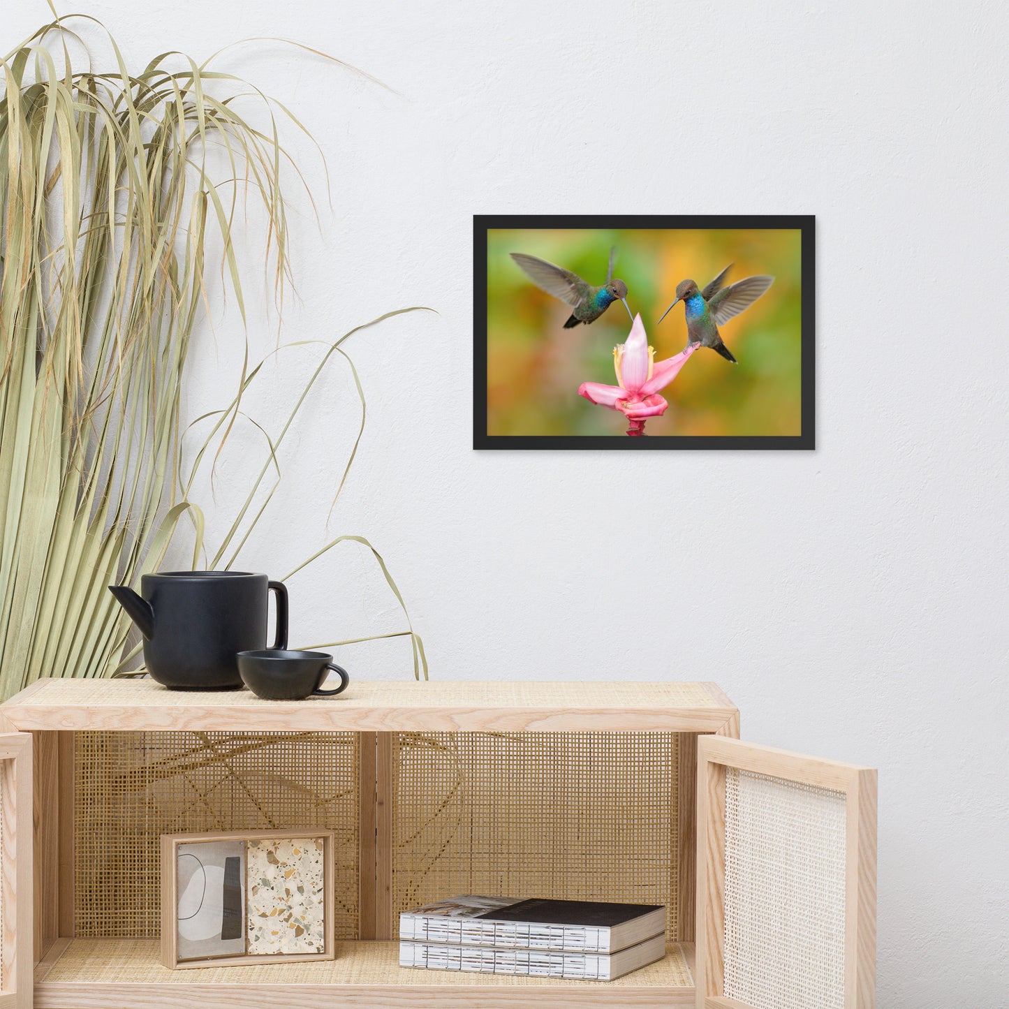 Hummingbirds with Pink Flower Bloom Animal Wildlife Photograph Framed Wall Art Print