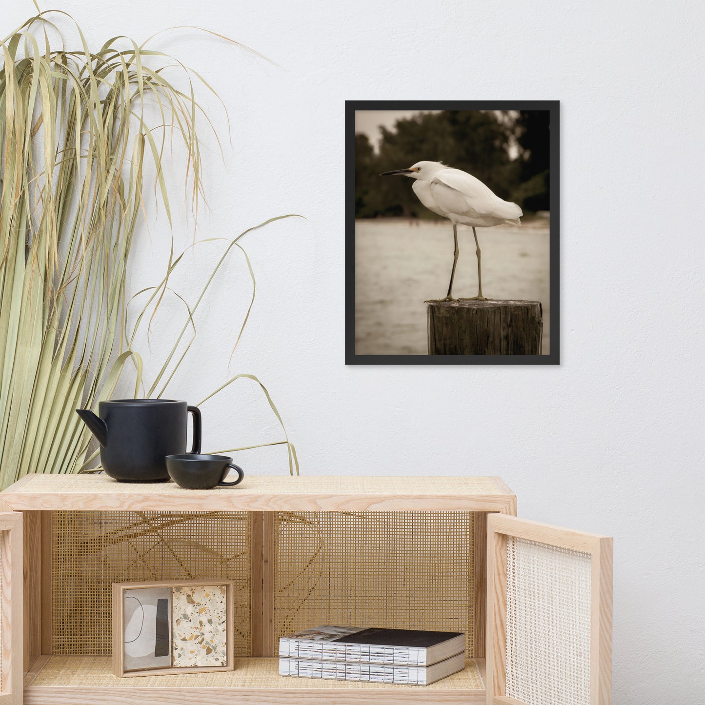 Dental Office Wall Art: White Snowy Egret Sepia Coastal Bird / Animal / Wildlife / Nature Photographic Artwork - Framed Artwork - Wall Decor