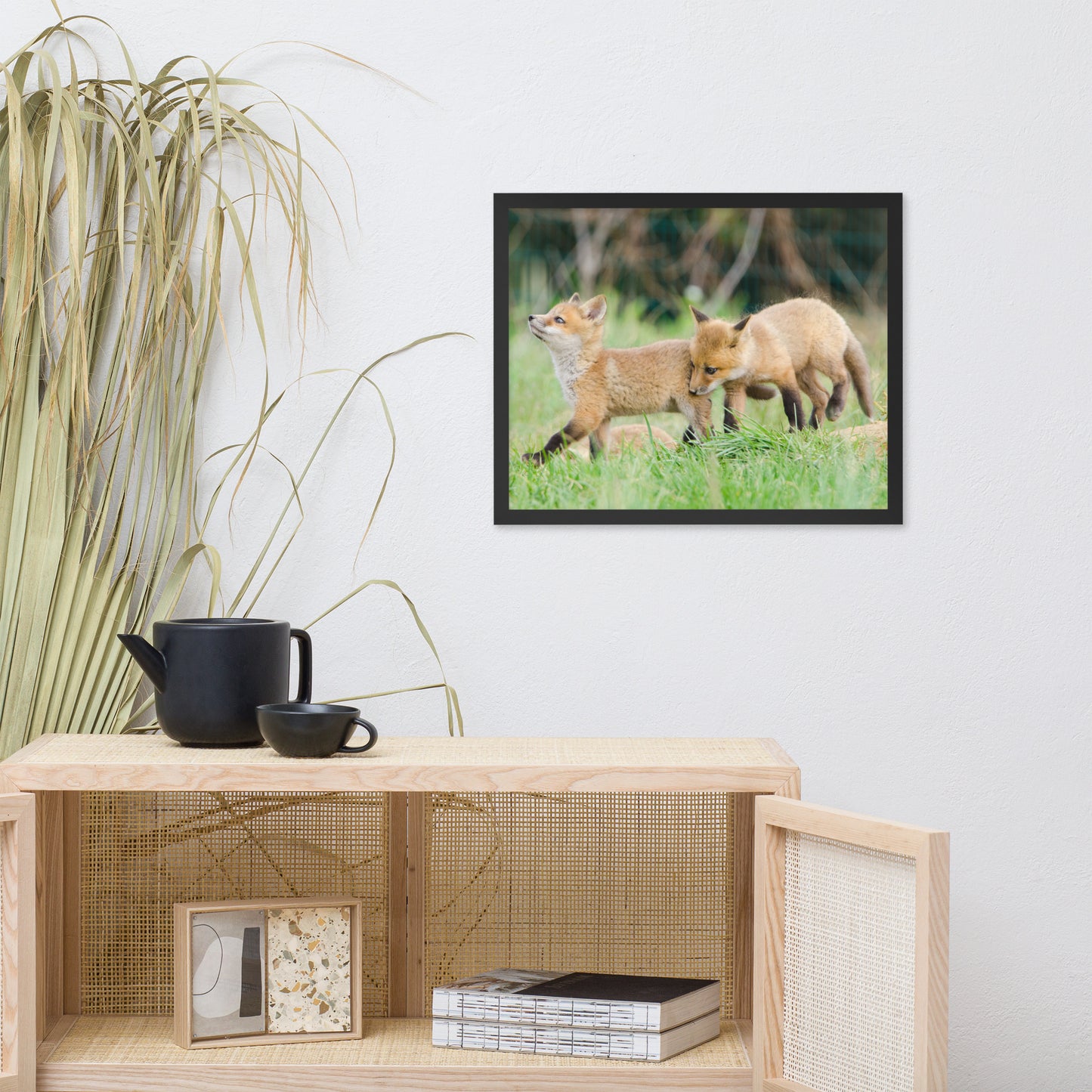 Framed Childrens Wall Art: Playful Baby Red Fox Pups In Field - Animal / Wildlife / Nature Artwork - Wall Decor - Framed Wall Art Print