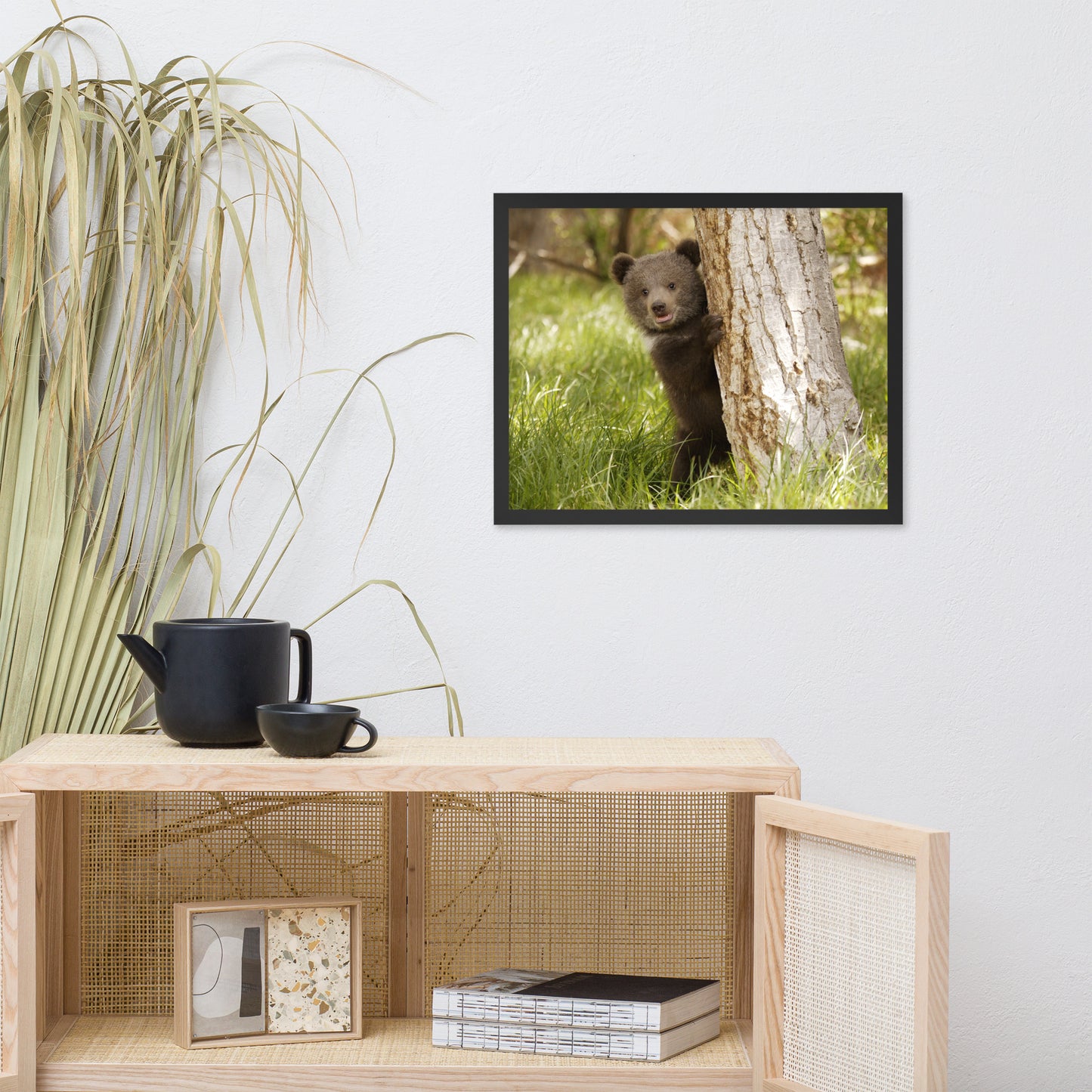 Cute Baby Grizzly Bear Cub Behind Tree in Meadow Animal Wildlife Photograph Framed Wall Art Prints