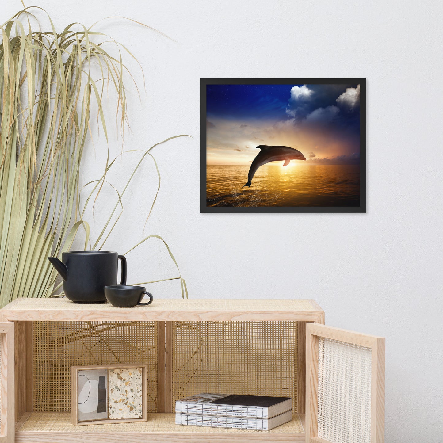 Dramatic Coastal Sunset on the Water with Jumping Bottle Noise Dolphin Animal Wildlife Photograph Framed Wall Art Print