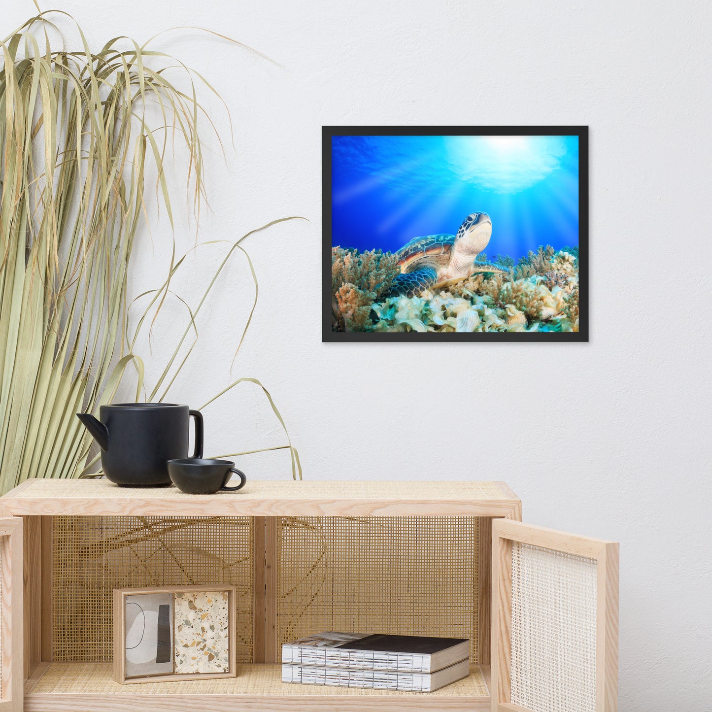 Green Sea Turtle in Tropical Coral Reef and Sunbeams Animal Wildlife Photograph Framed Wall Art Print