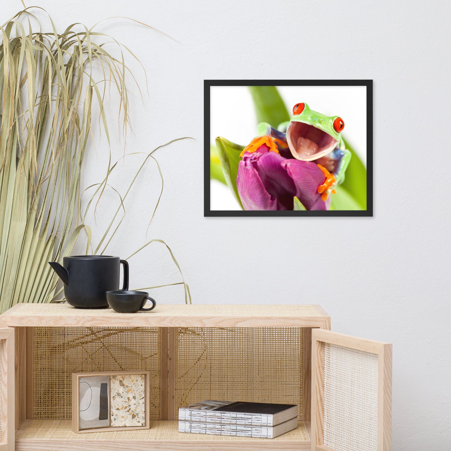 Happy Red Eyed Tree Frog Sitting on Purple Tulip Flower Bloom Wildlife Nature Photo Framed Wall Art Print