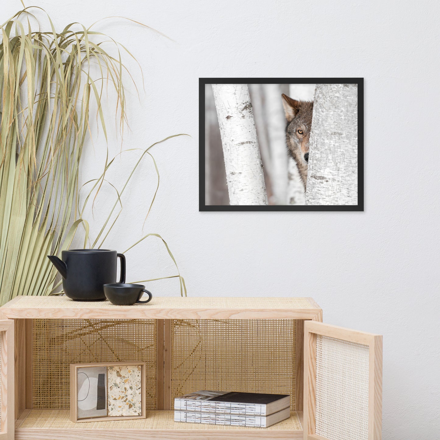 Hiding Wolf Behind Birch Tree in the Forest Animal Wildlife Nature Photograph Framed Wall Art Prints