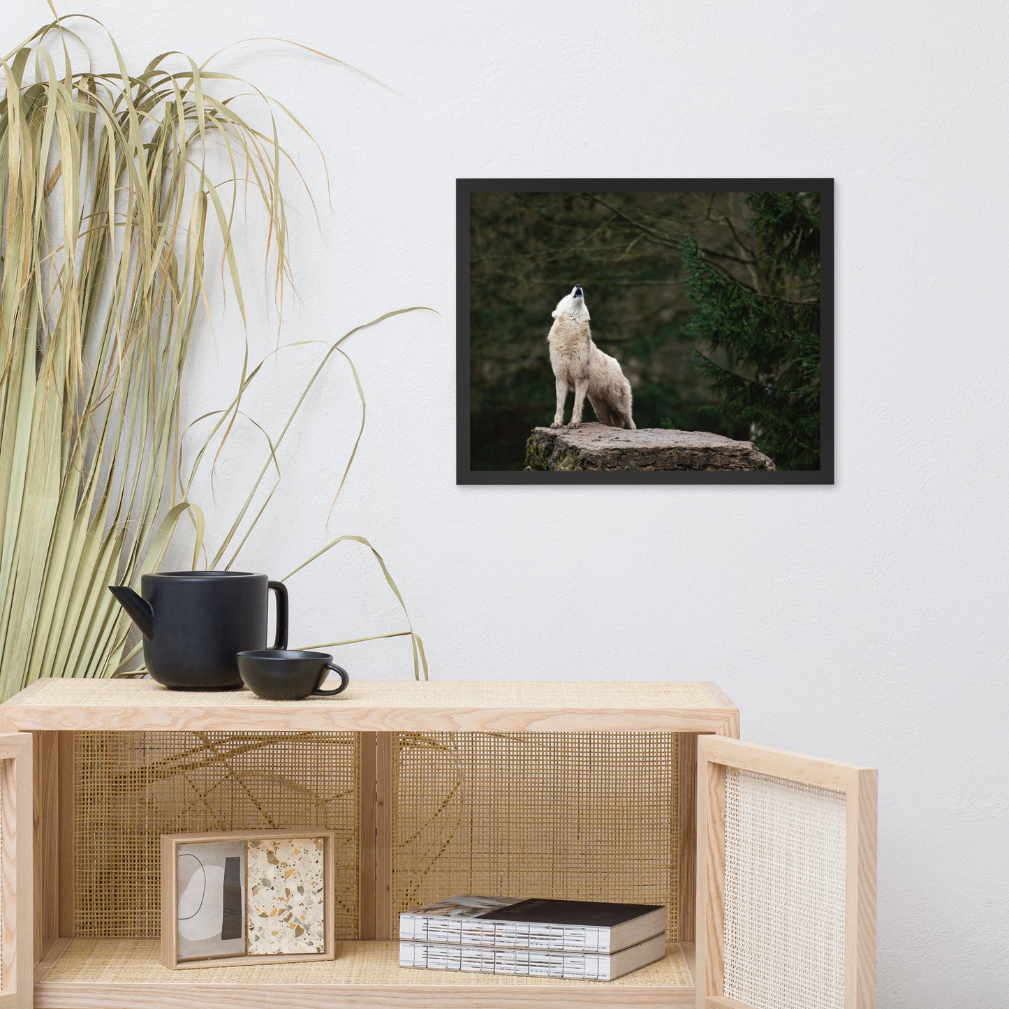Howling White Wolf in the Forest Animal Wildlife Photograph Framed Wall Art Print