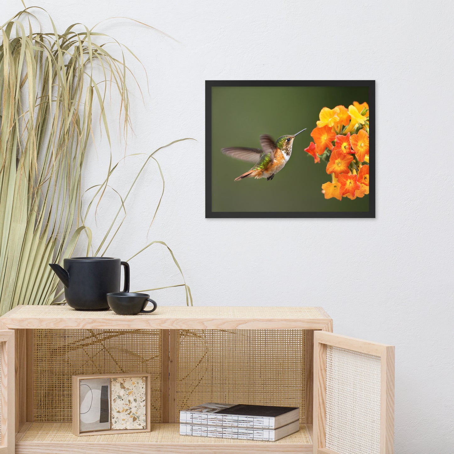 Hummingbird with Little Yellow-Orange Flowers Animal Wildlife Photograph Framed Wall Art Prints