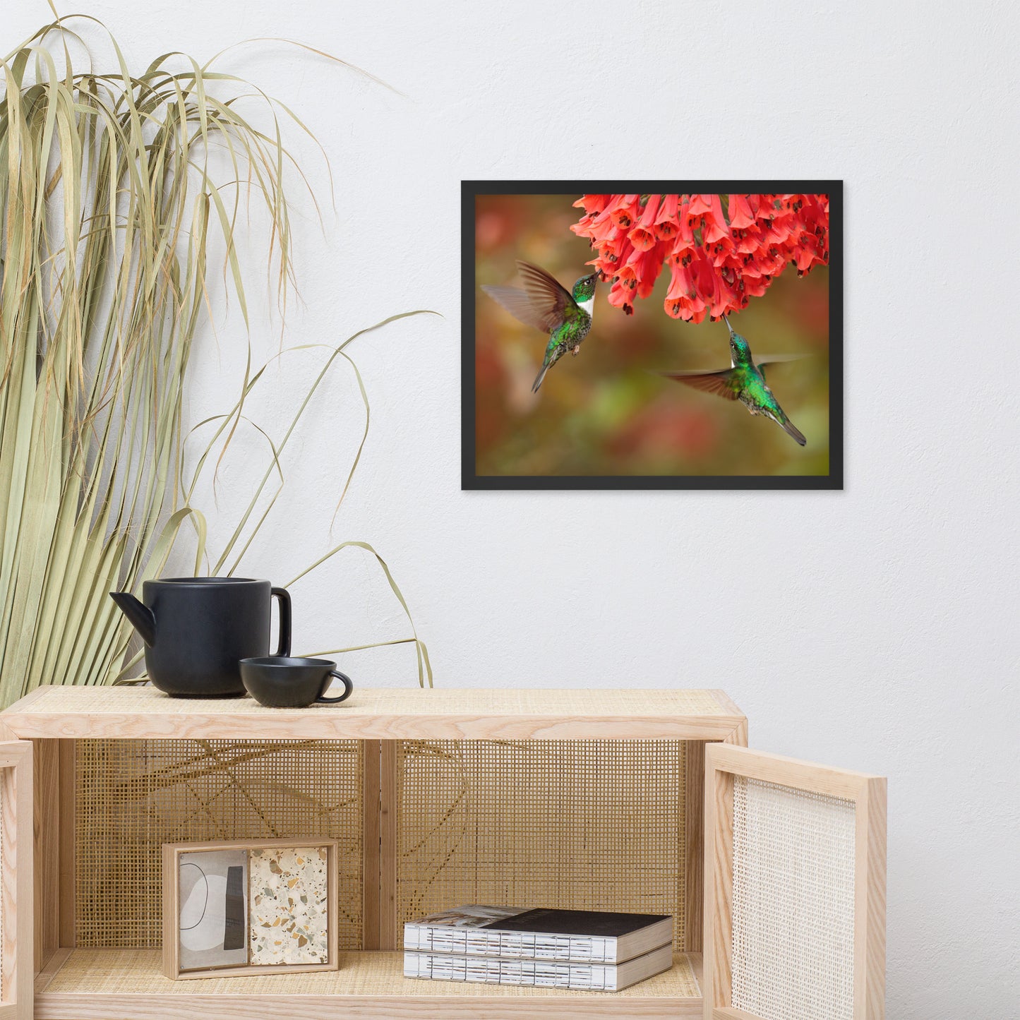 Hummingbirds with Reddish-Orange Flowers Animal Wildlife Photograph Framed Wall Art Prints