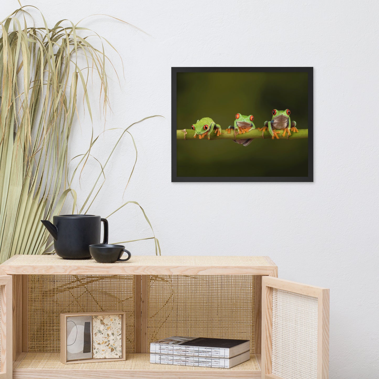 Three Tiny Green Red Eyed Tree Frog on Bamboo Animal Wildlife Photograph Framed Wall Art Prints