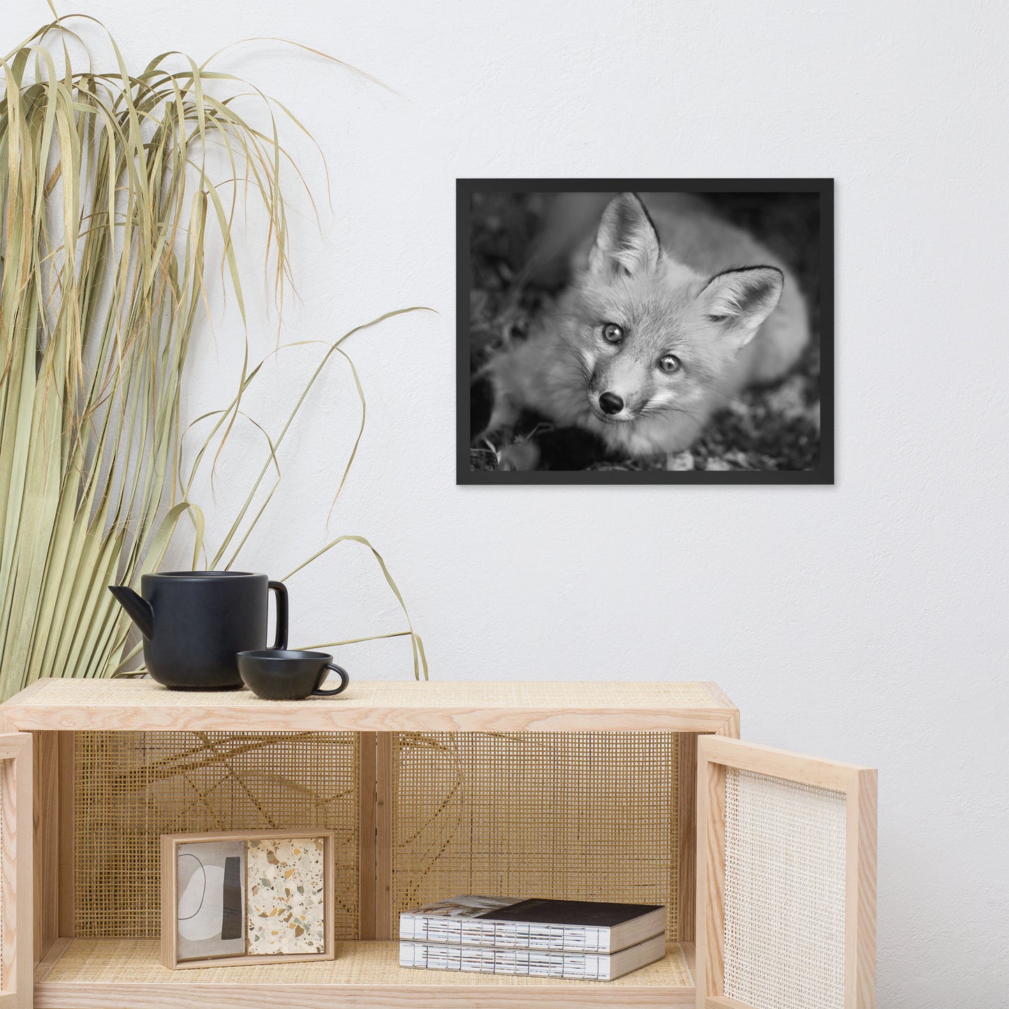 Young Red Fox Face Black and White Animal Wildlife Nature Photograph Framed Wall Art Prints