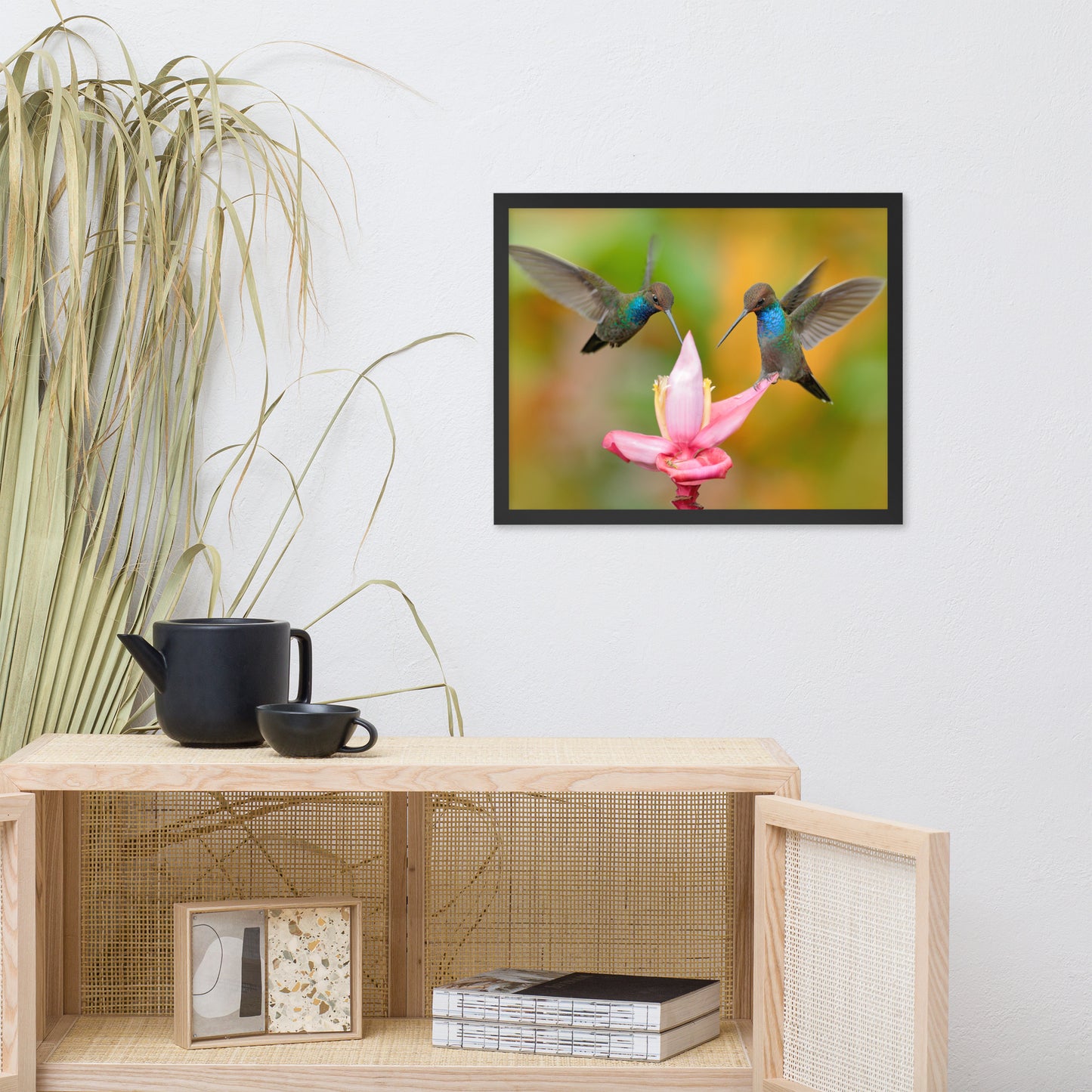 Hummingbirds with Pink Flower Bloom Animal Wildlife Photograph Framed Wall Art Print