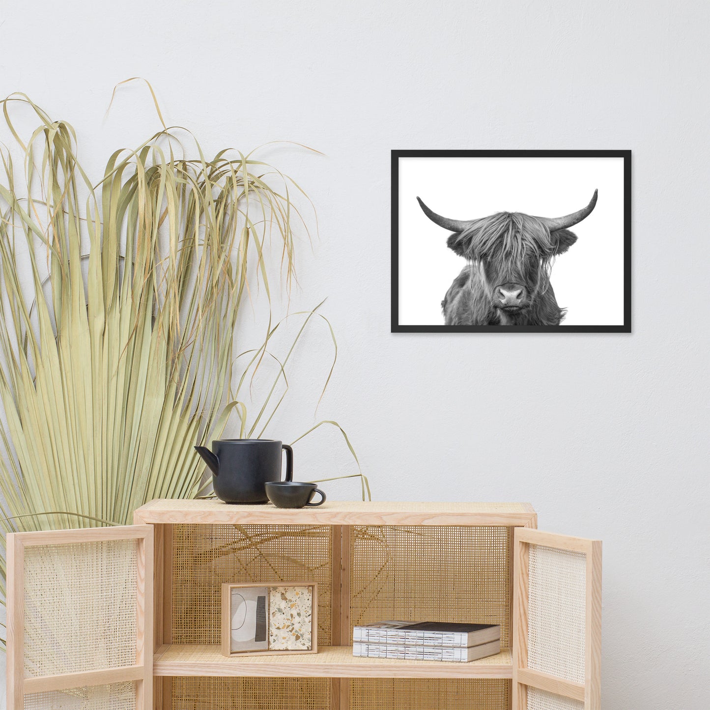 Highland Cow Black and White Wildlife / Animal Photograph Framed Wall Art Print