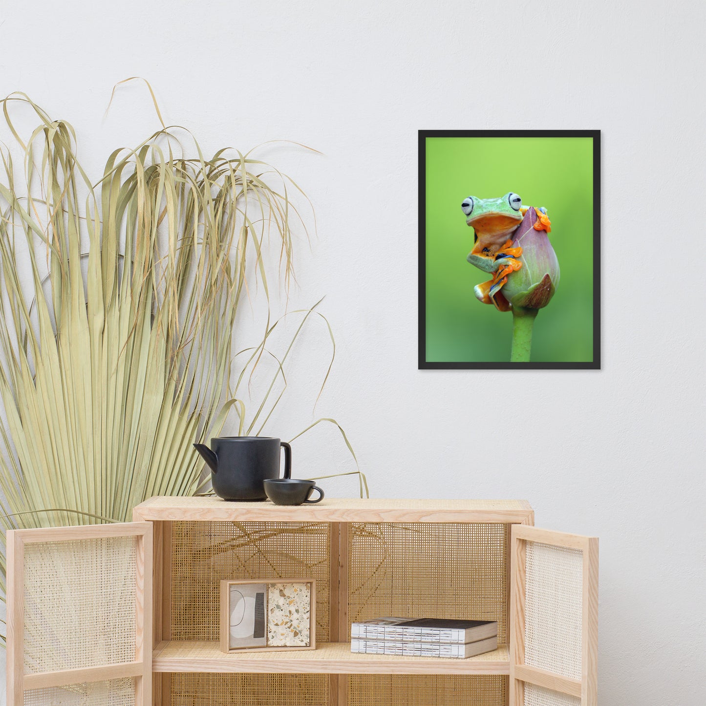 Tiny Green Tree Frog on Lotus Bloom Animal Wildlife Floral Nature Photograph Framed Wall Art Prints