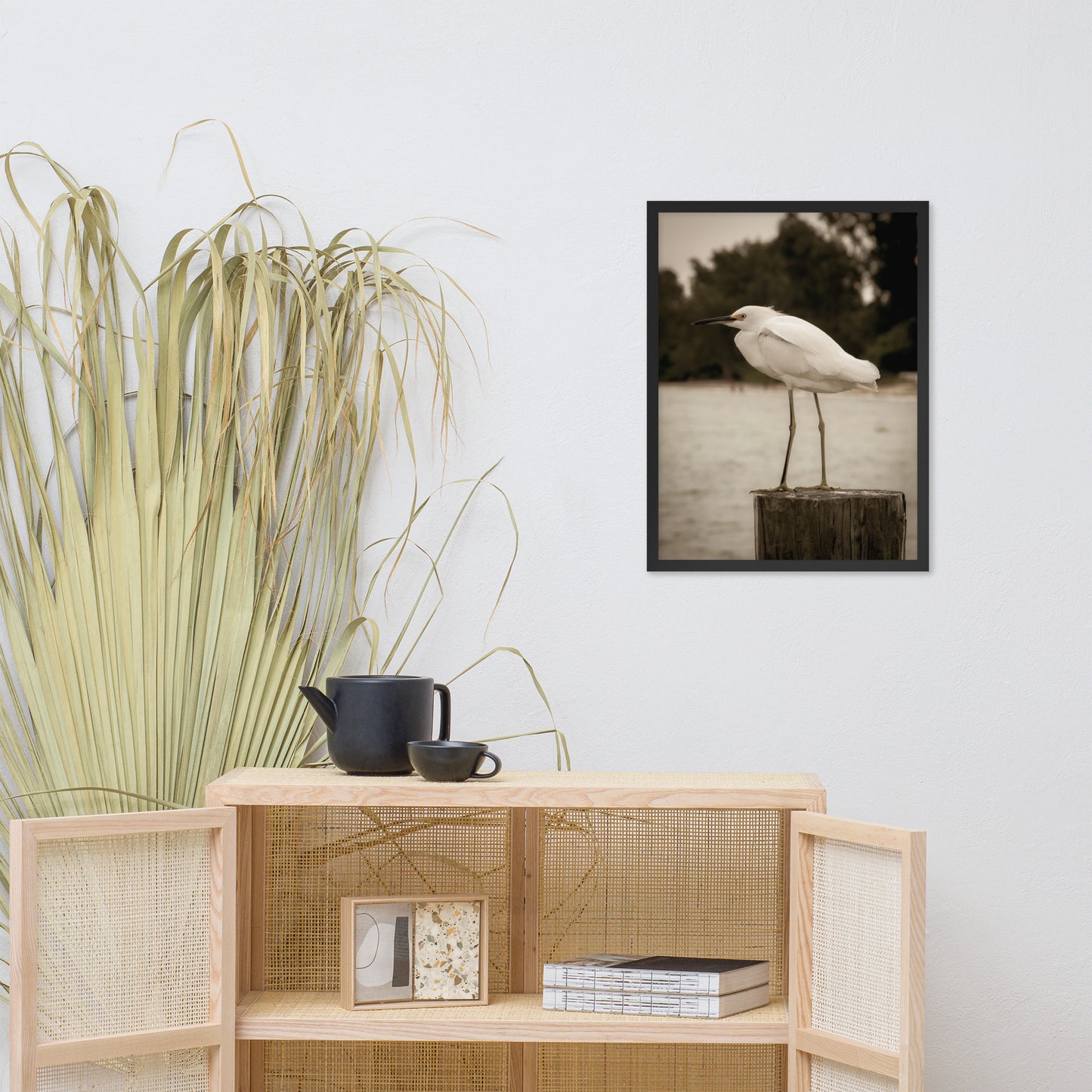 Dental Office Wall Decor: White Snowy Egret Sepia Coastal Bird / Animal / Wildlife / Nature Photographic Artwork - Framed Artwork - Wall Decor