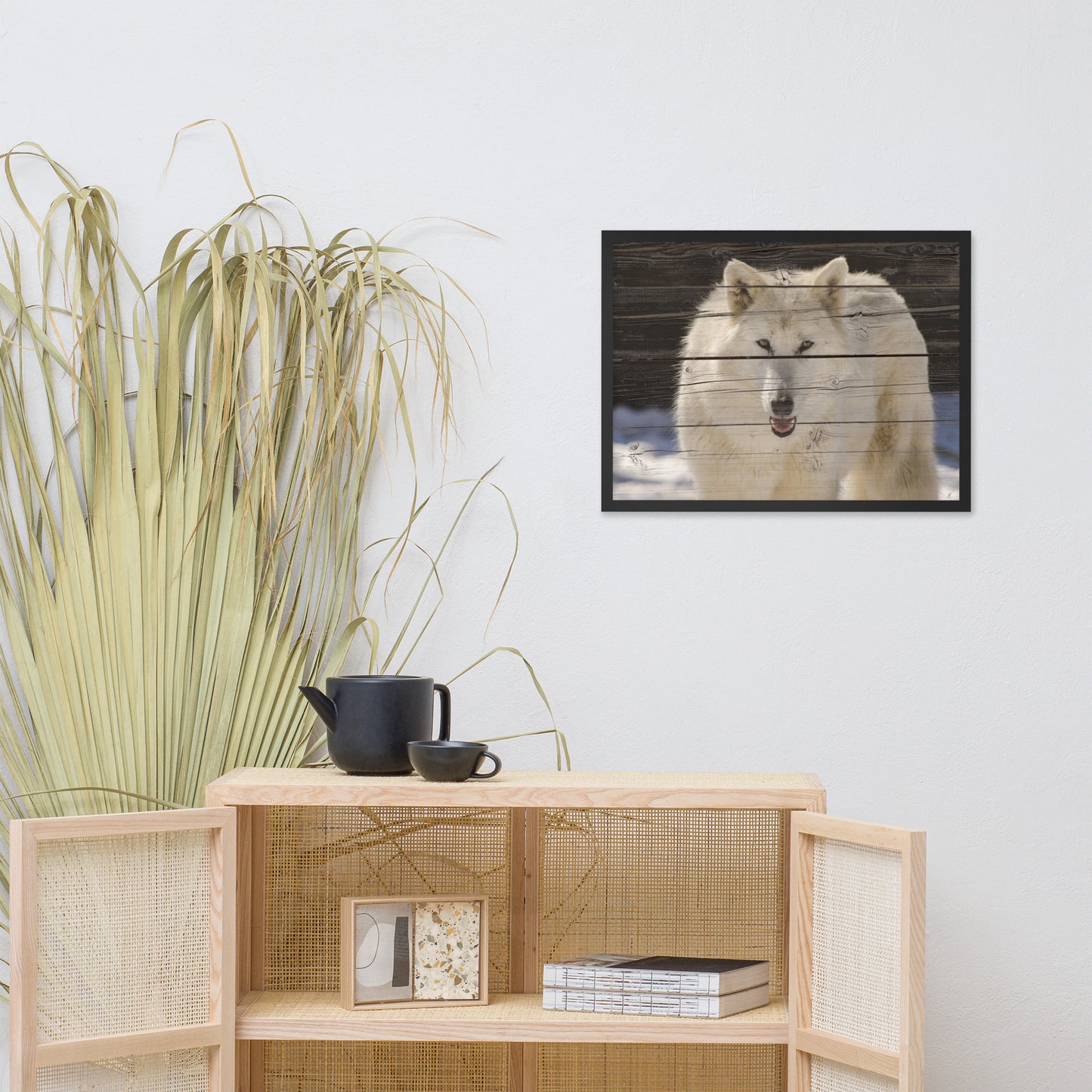 Dining Wall Decor Modern: White Wolf Portrait on Faux Weathered Wood Texture - Animal / Wildlife / Nature Photographic Framed Artwork - Wall Decor
