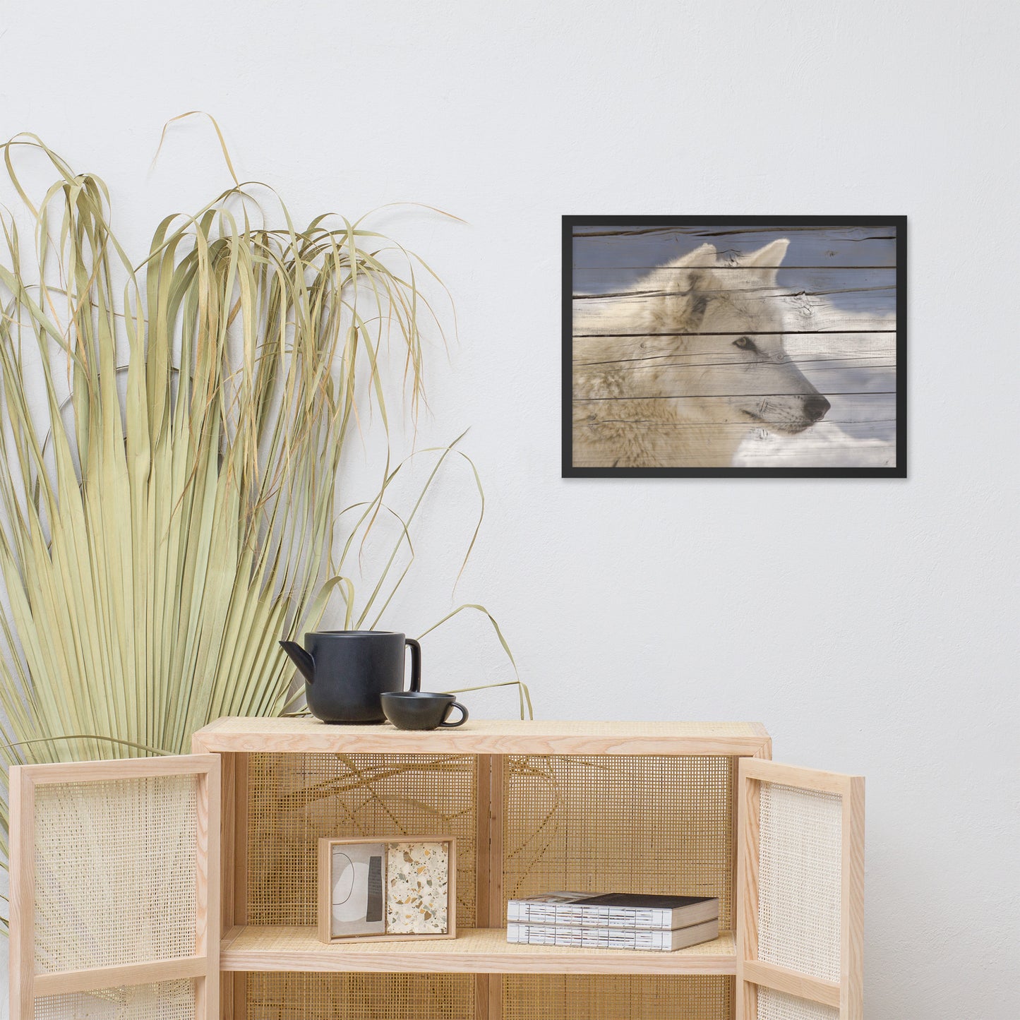 Abstract Wall Art For Office: Aries the White Wolf Portrait on Faux Weathered Wood Texture / Animal / Wildlife / Nature Photographic Artwork - Framed Artwork - Wall Decor