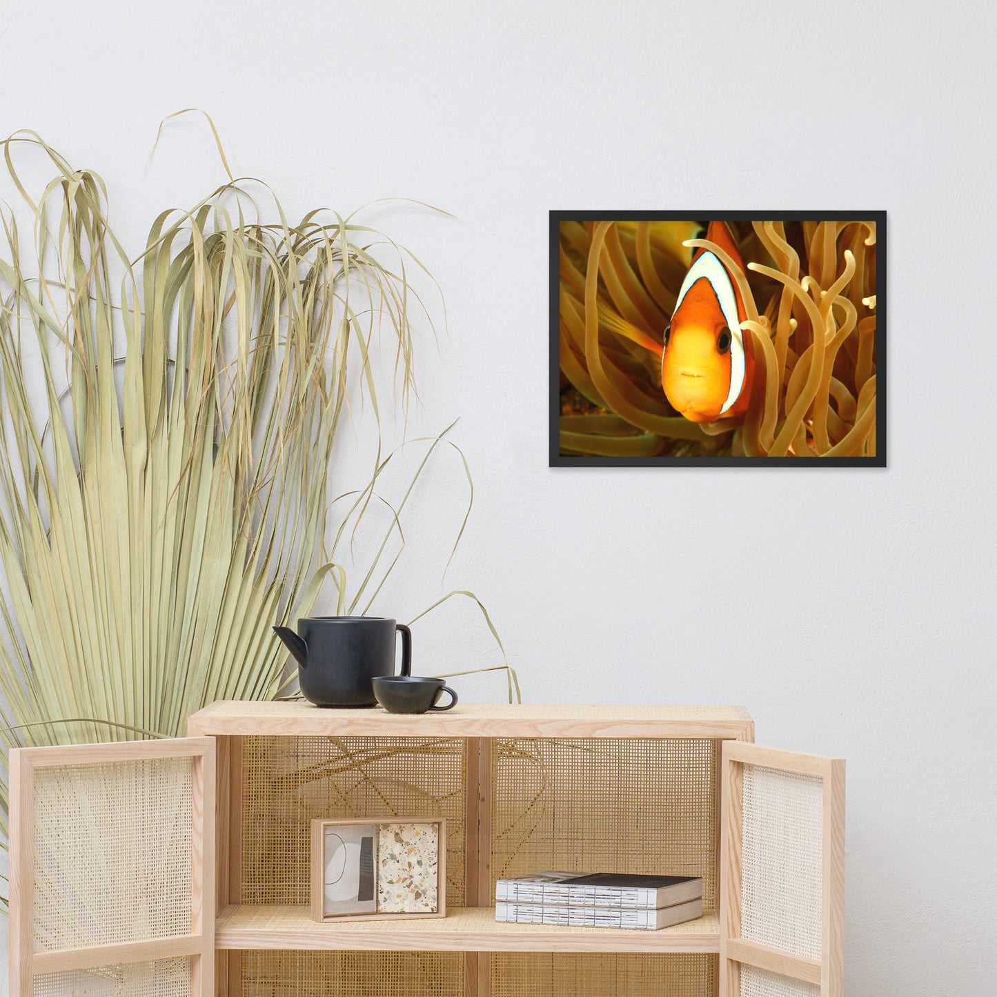 Close-up Orange Tropical Clownfish Face in Coral Animal Wildlife Photograph Framed Wall Art Print