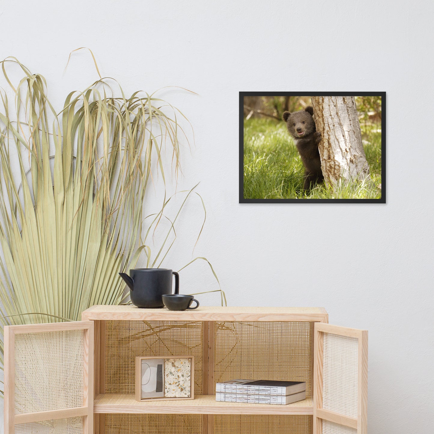 Cute Baby Grizzly Bear Cub Behind Tree in Meadow Animal Wildlife Photograph Framed Wall Art Prints