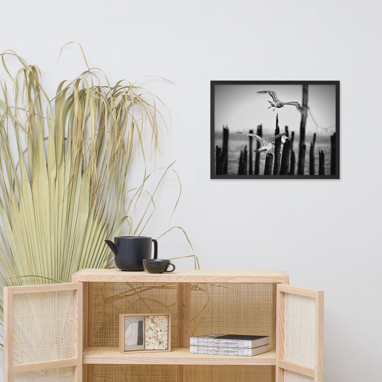 Flying Seagull in Black and White Animal Wildlife Photograph Framed Wall Art Prints