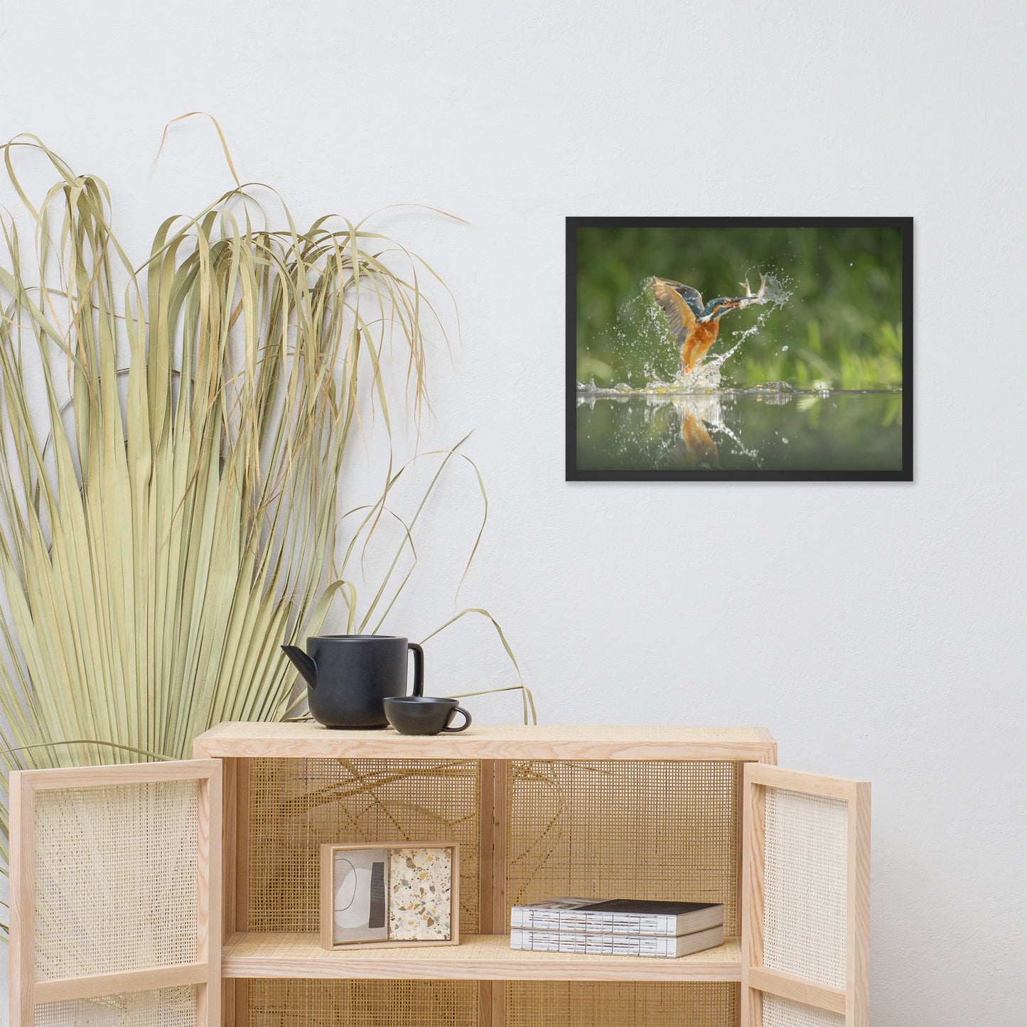 Flying Turquoise Blue and Orange Common Kingfisher Bird With Fish Animal Wildlife Photograph Framed Wall Art Prints