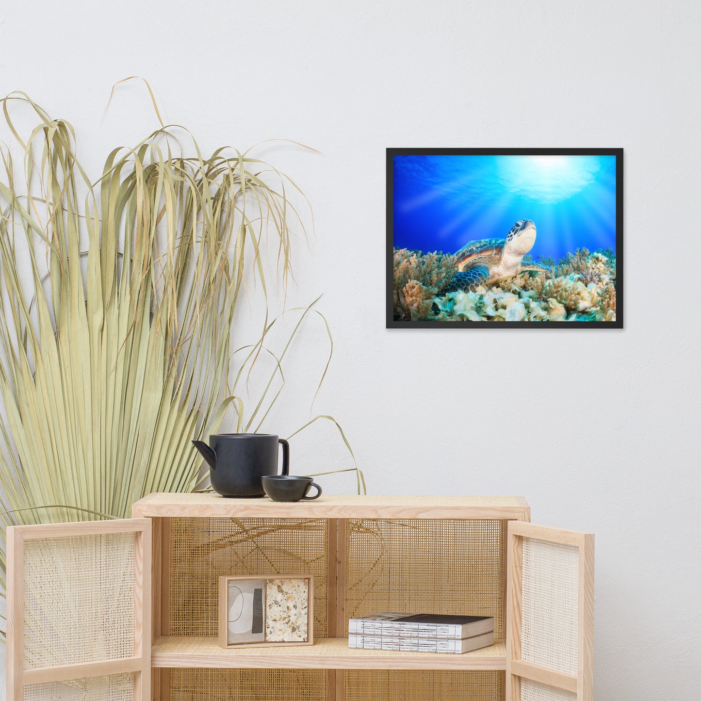 Green Sea Turtle in Tropical Coral Reef and Sunbeams Animal Wildlife Photograph Framed Wall Art Print