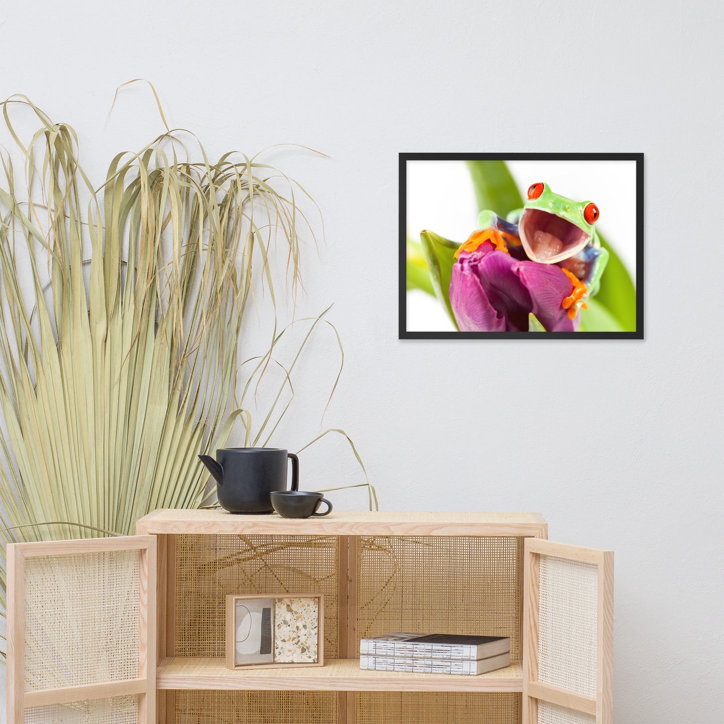 Happy Red Eyed Tree Frog Sitting on Purple Tulip Flower Bloom Wildlife Nature Photo Framed Wall Art Print