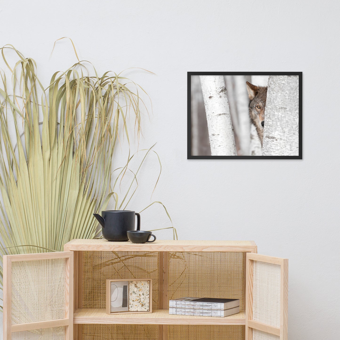 Hiding Wolf Behind Birch Tree in the Forest Animal Wildlife Nature Photograph Framed Wall Art Prints